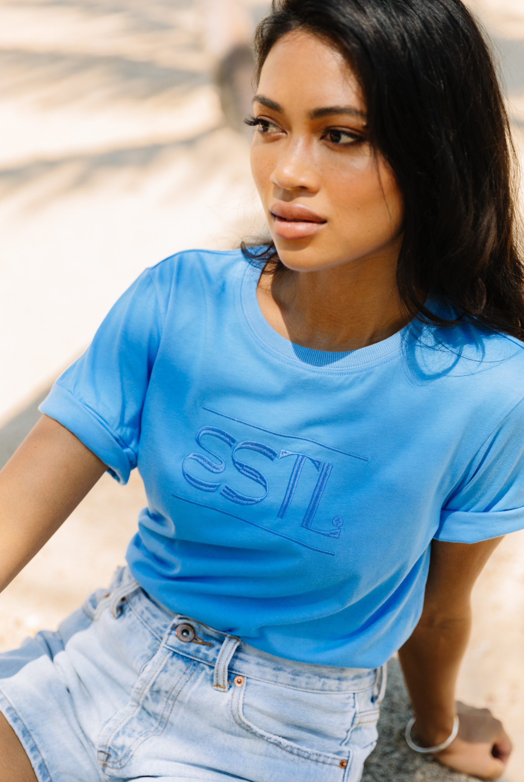 Blue embroidered logo tee