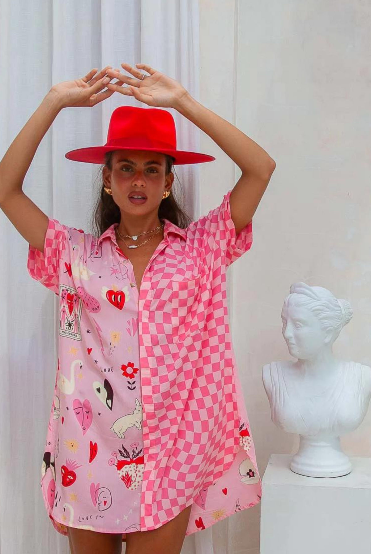 Palm Collective Spliced Shirt Dress in pink print