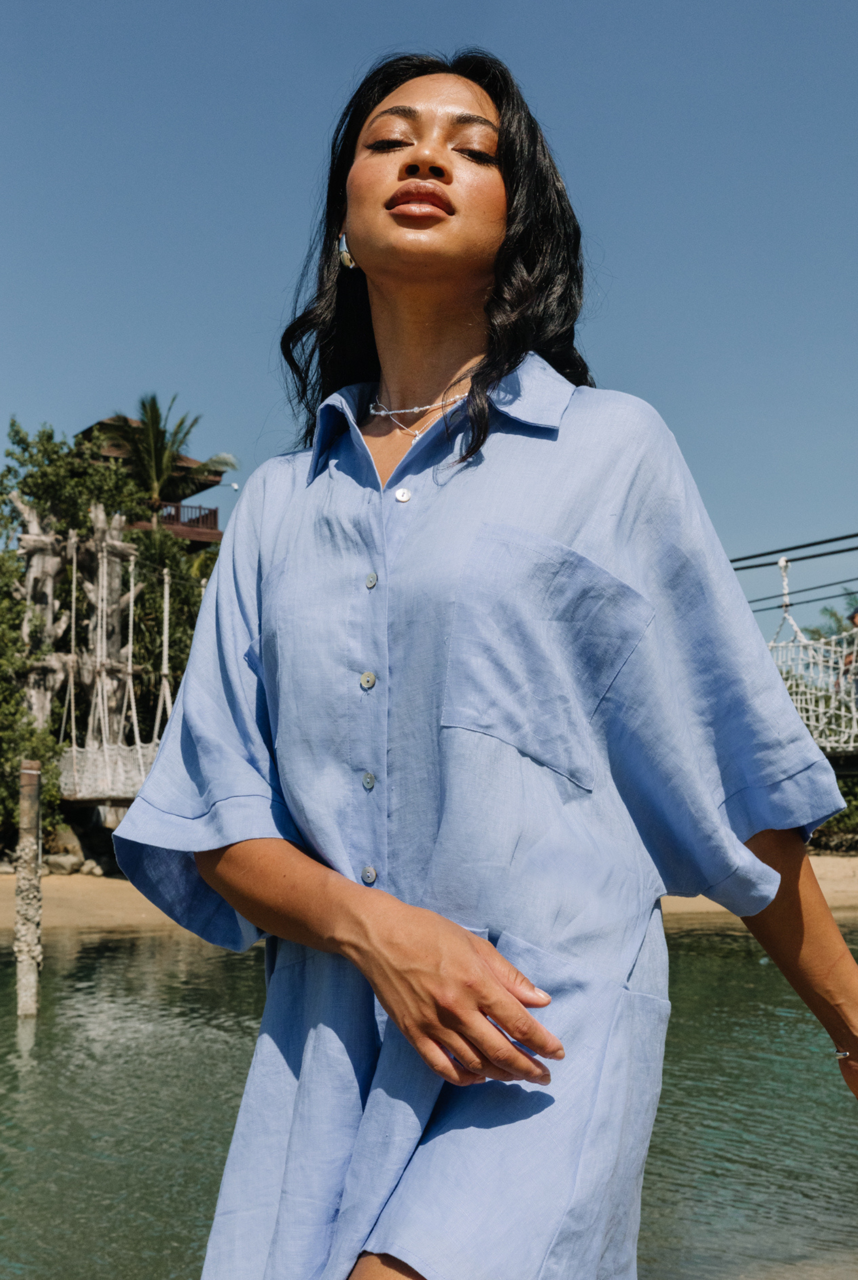 Pixie Linen Playsuit in Cornflower