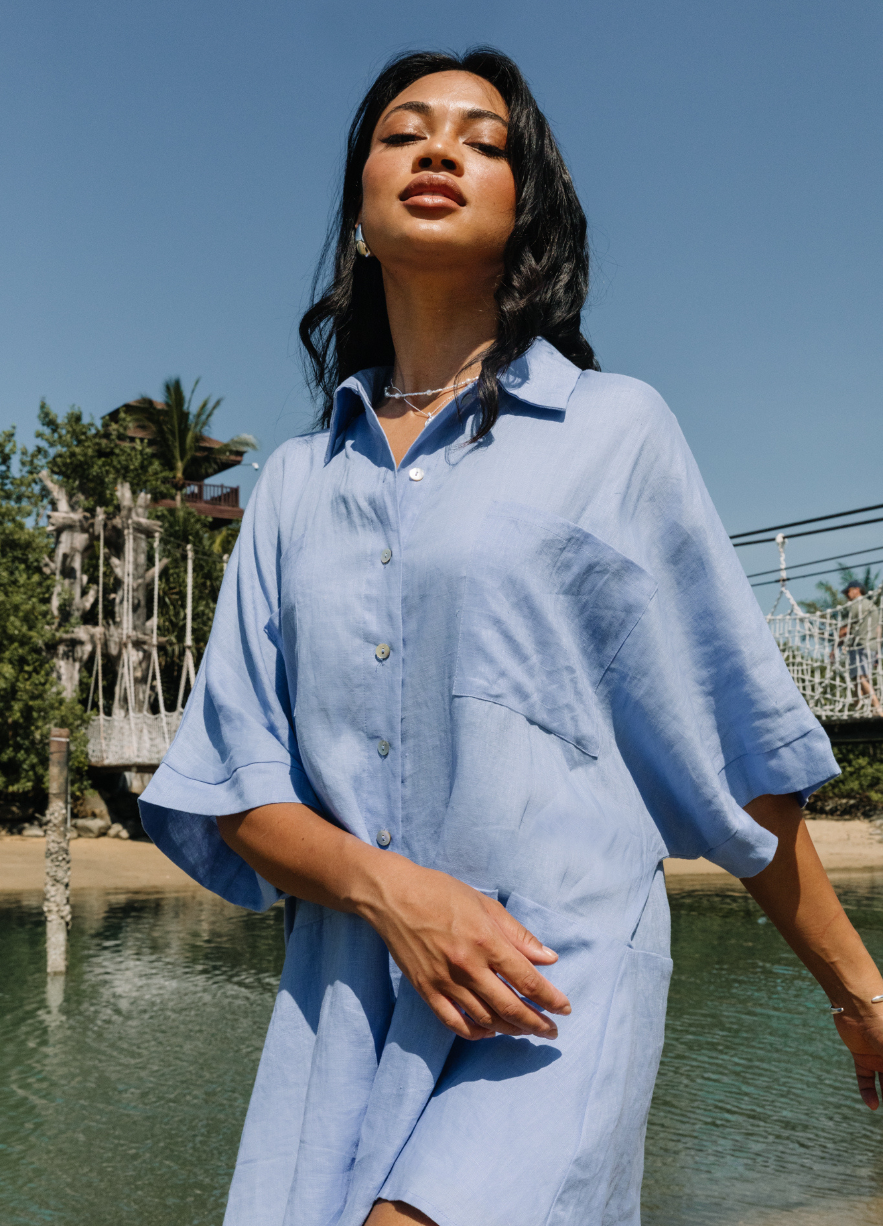 Pixie Linen Playsuit in Cornflower