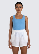 Sammy white linen shorts with elasticated waist and pockets