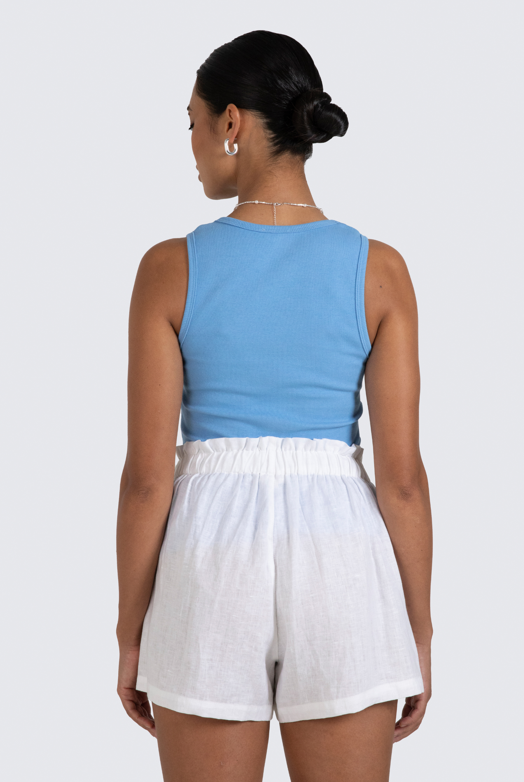 Sammy white linen shorts with elasticated waist and pockets
