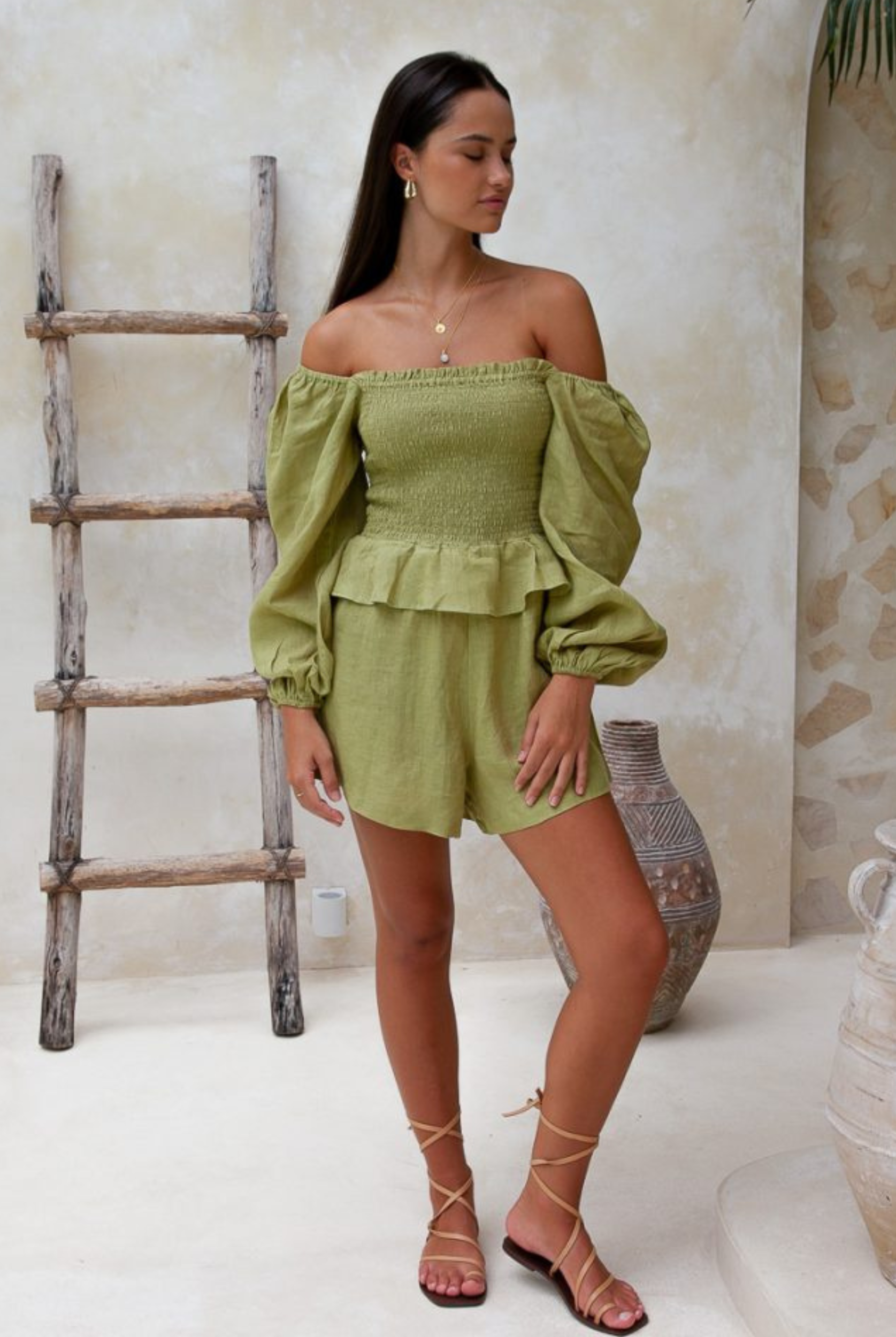 Moss green sustainable linen playsuit from Palm Collective