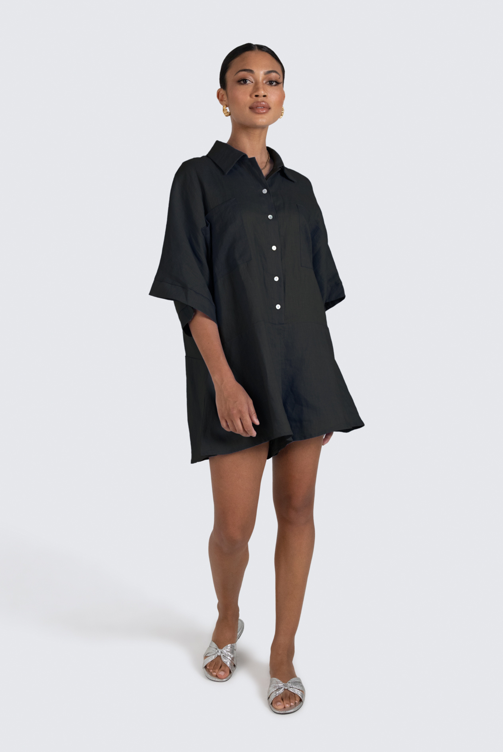 ESTL Black relaxed fit playsuit with shell buttons and a half sleeve