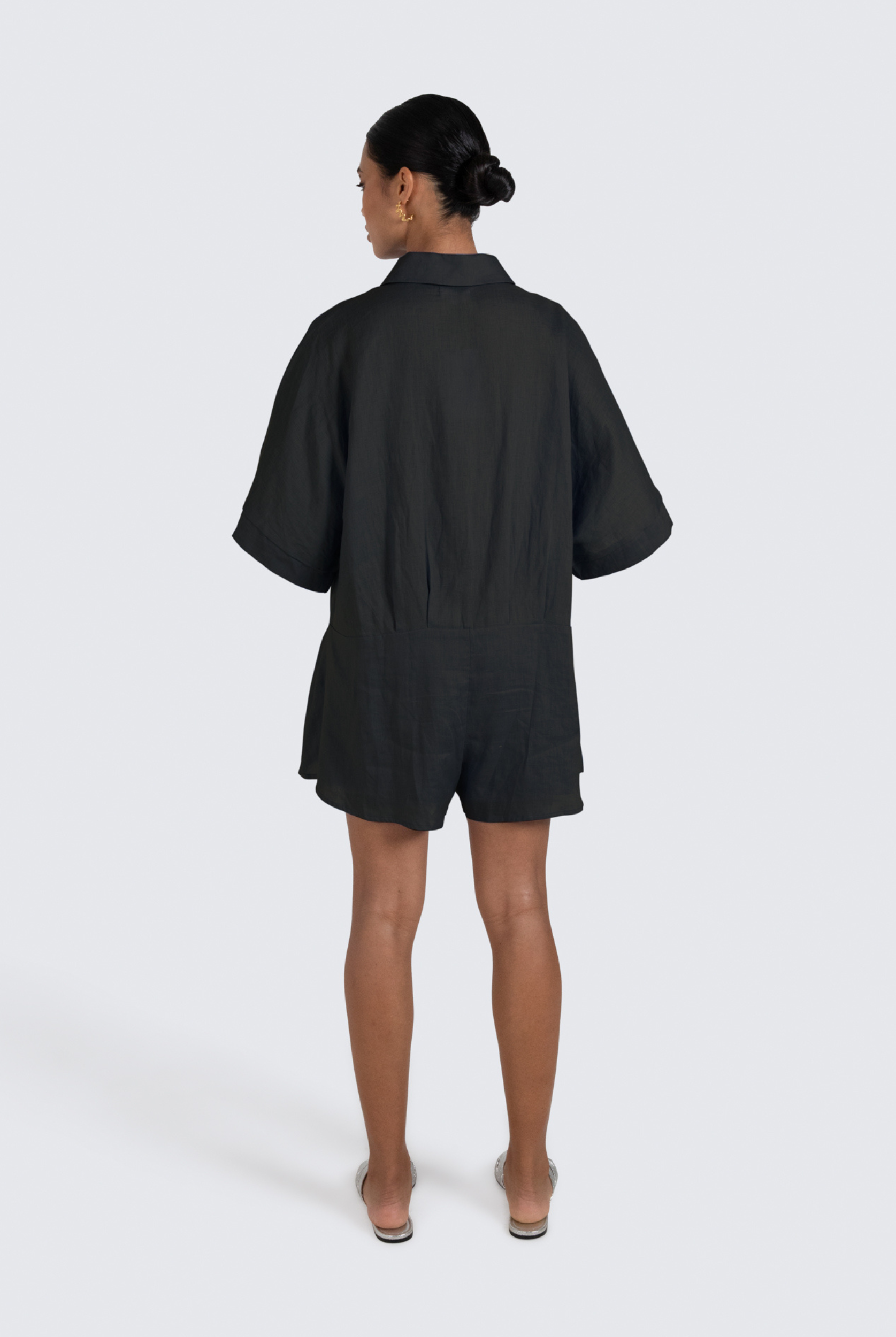 ESTL Black relaxed fit playsuit with shell buttons and a half sleeve