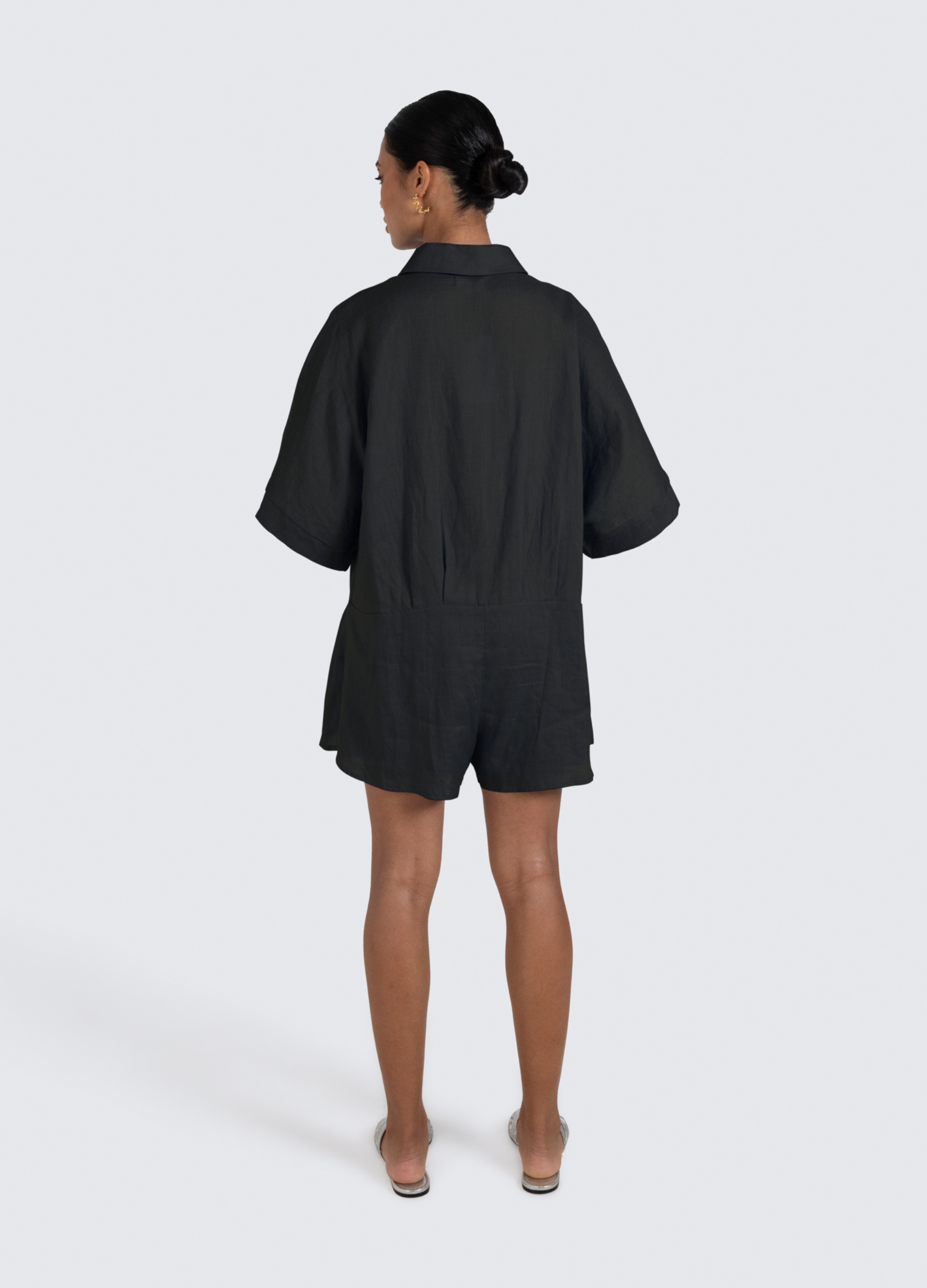 ESTL Black relaxed fit playsuit with shell buttons and a half sleeve