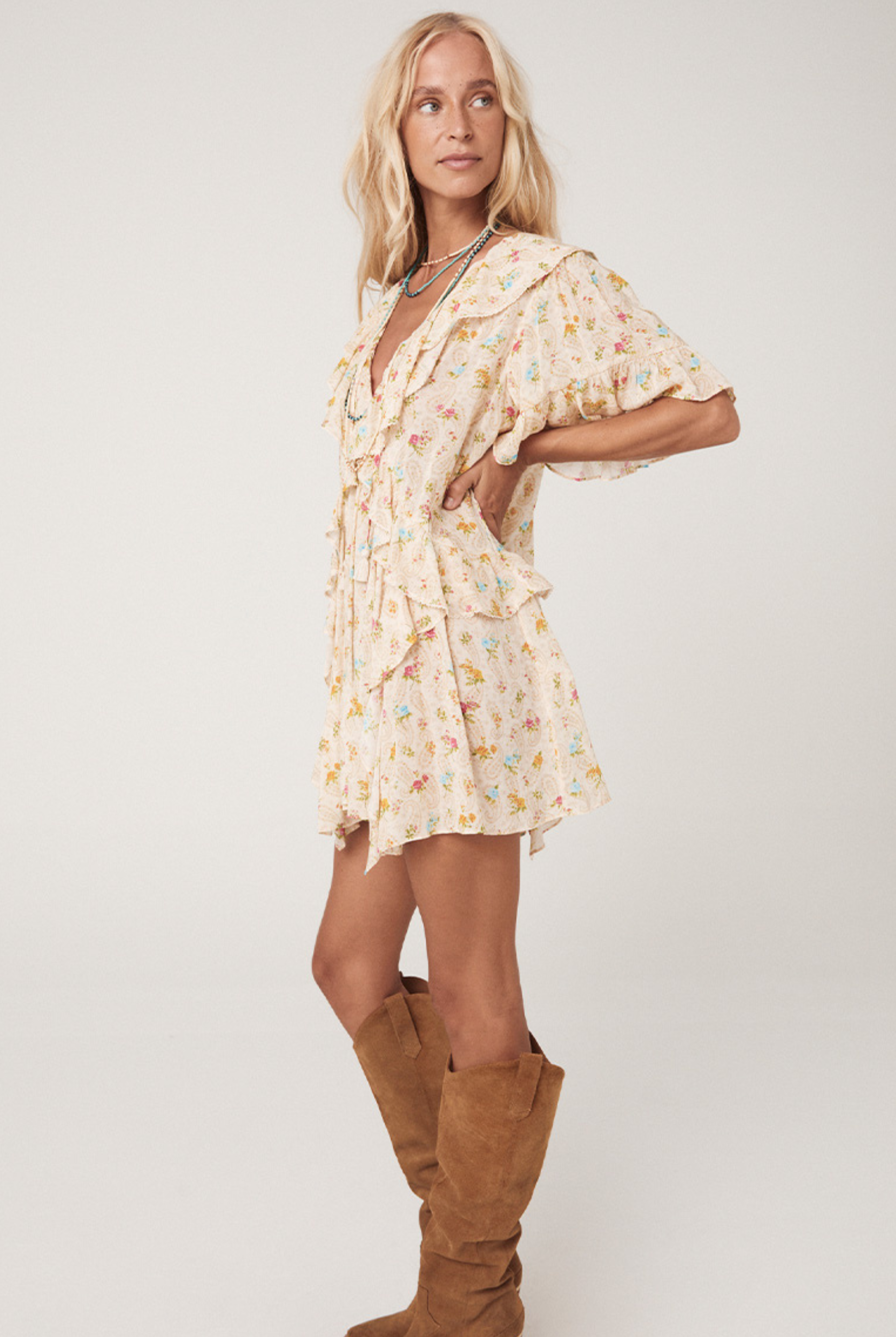 Fleur Flutter Sleeve Mini Dress by Spell in Macaroon