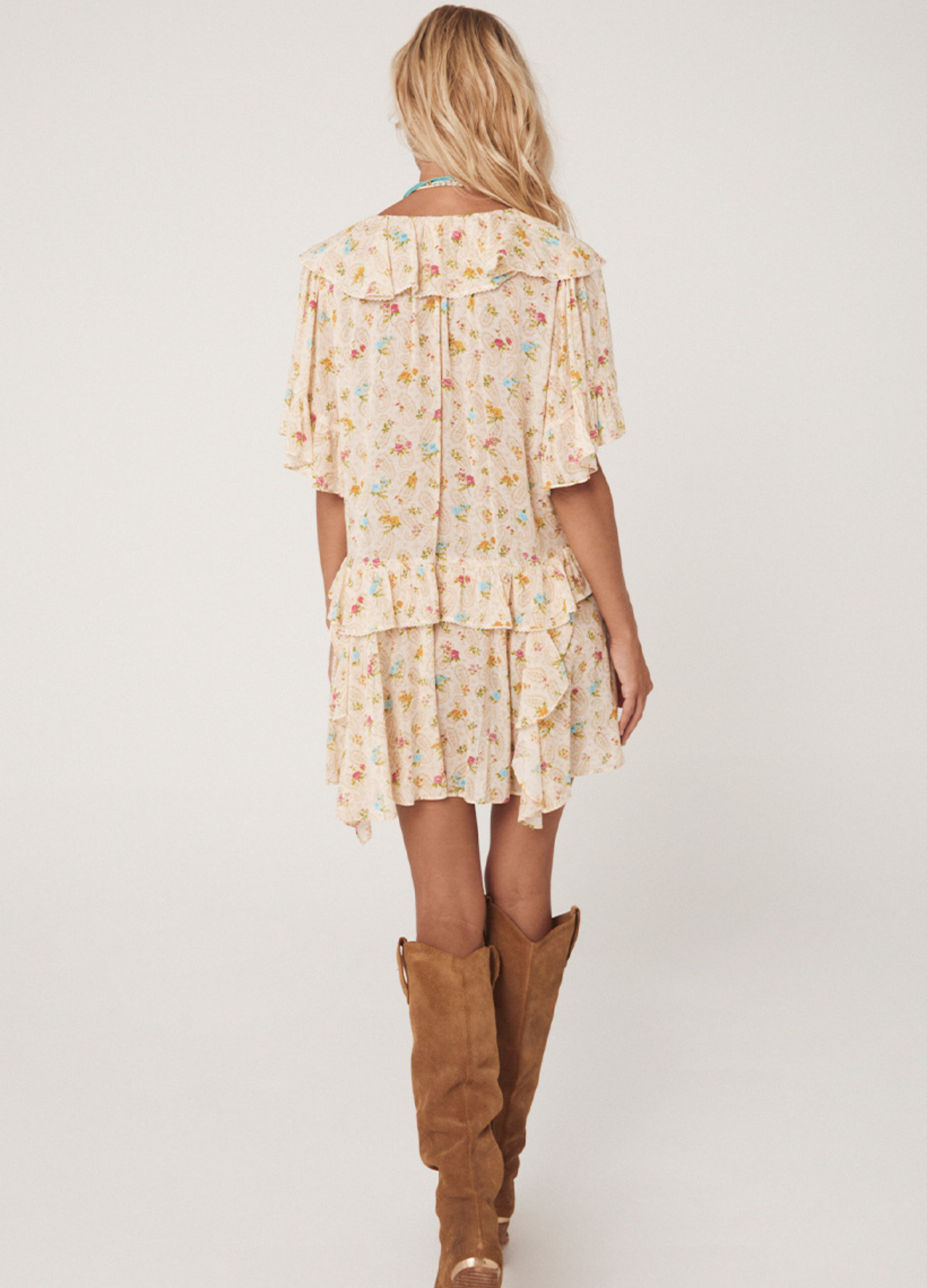 Fleur Flutter Sleeve Mini Dress by Spell in Macaroon