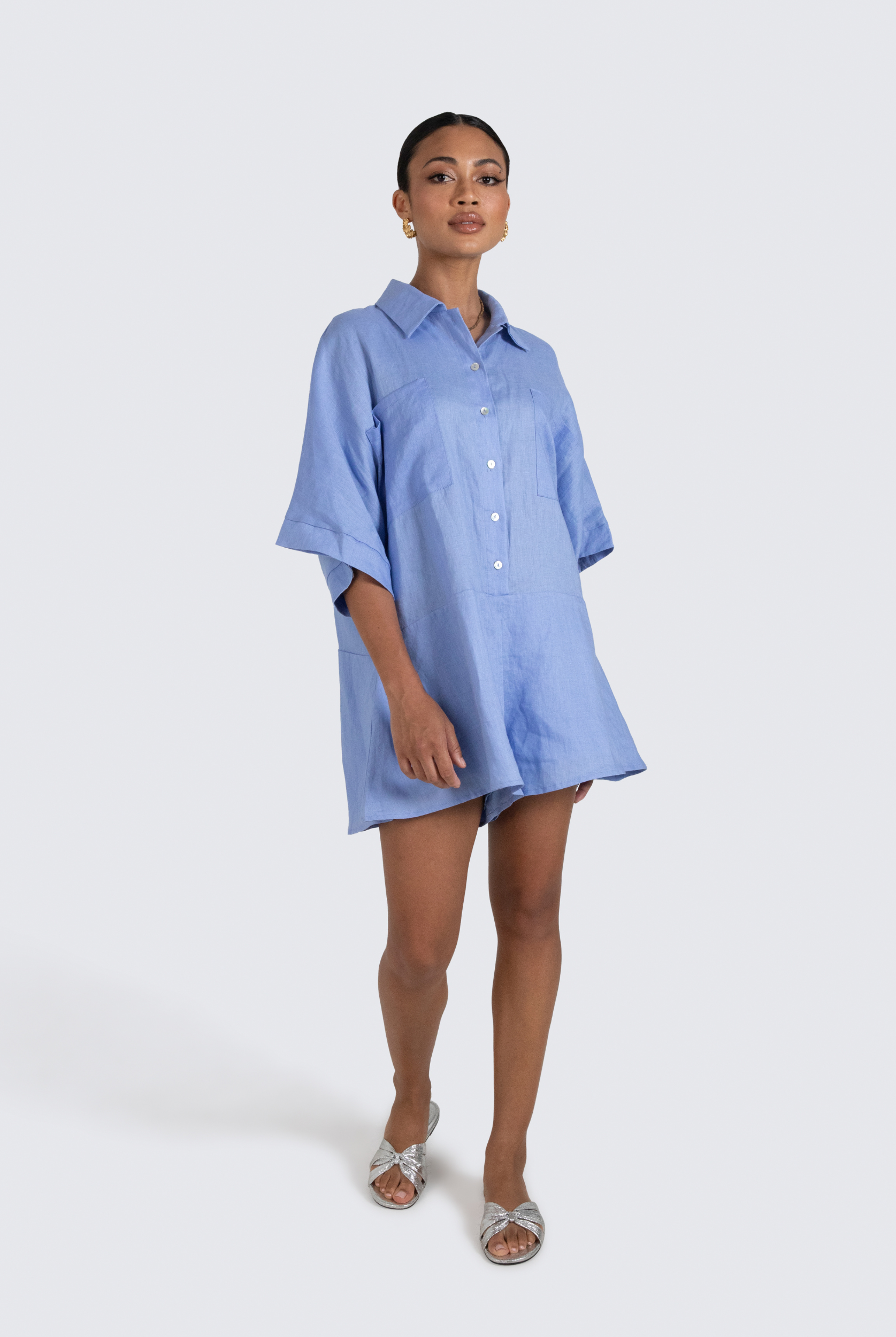 Pixie Linen Playsuit with shell buttons