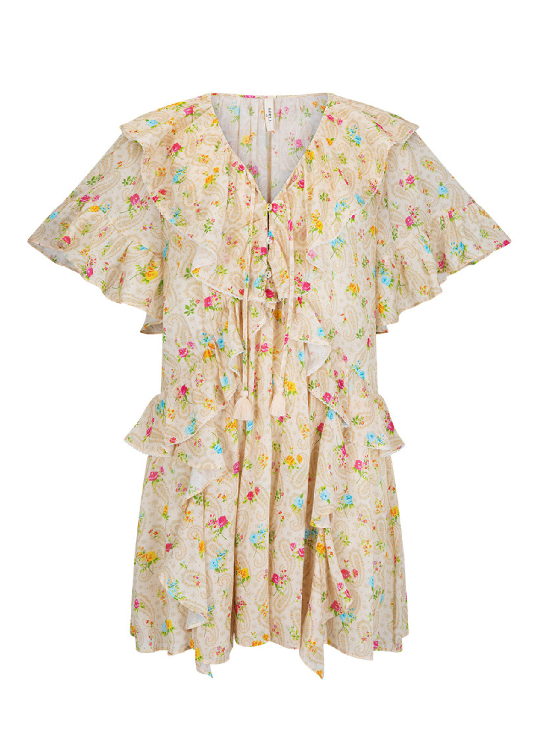 Fleur Flutter Sleeve Mini Dress by Spell in Macaroon