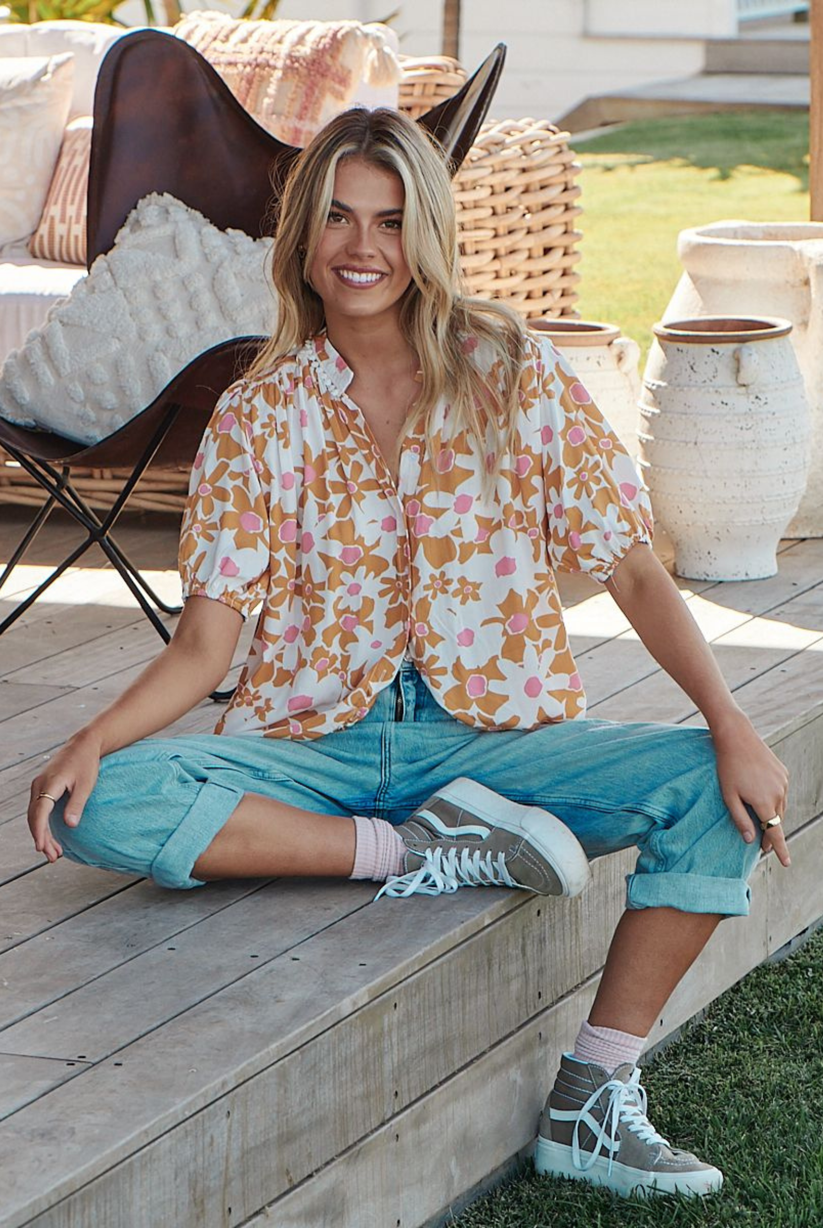 Model wearing the Tansy Print Shirt from JAASE