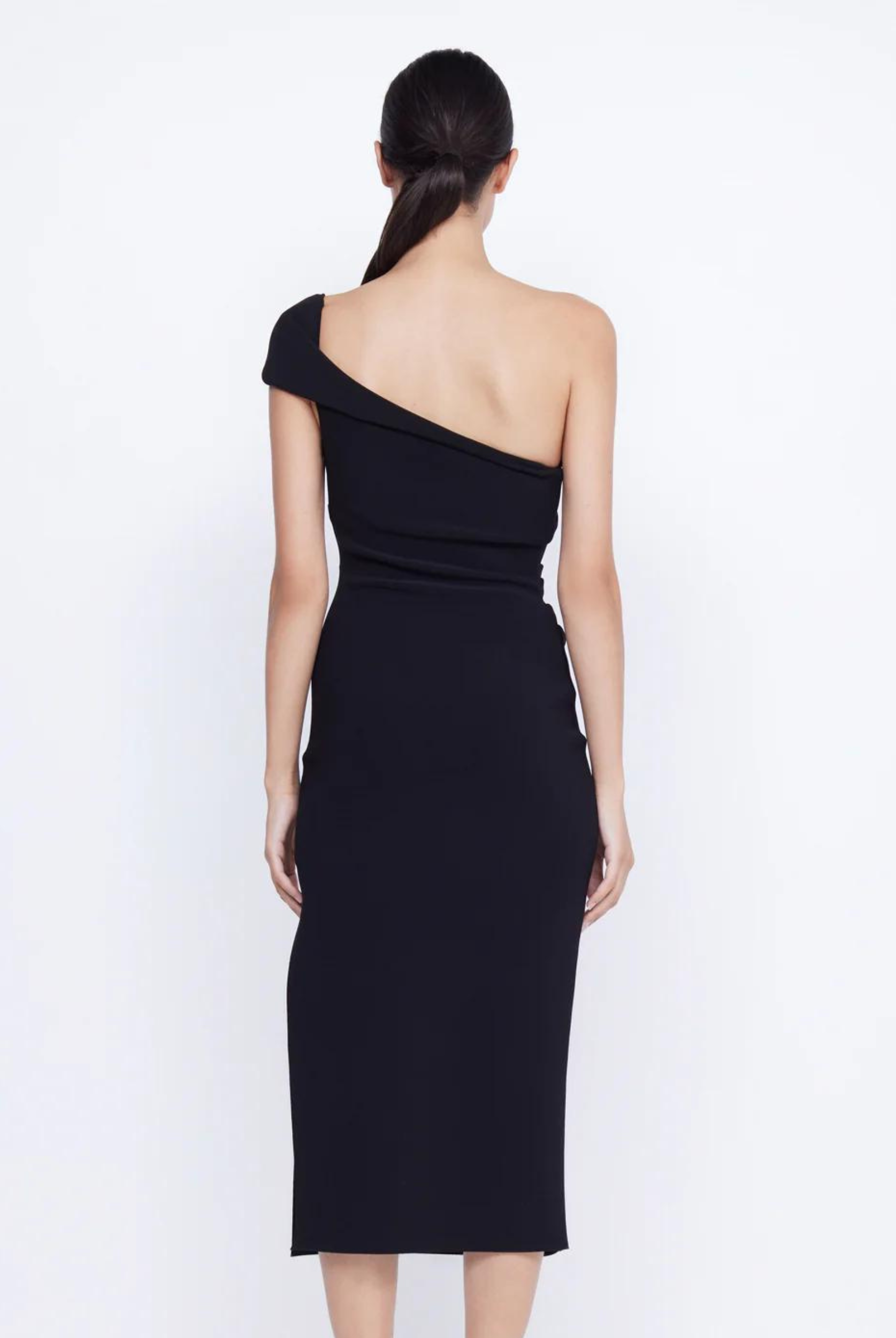 Black bonded crepe midi dress with twisted front and side tuck detailing