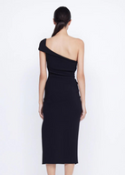 Black bonded crepe midi dress with twisted front and side tuck detailing