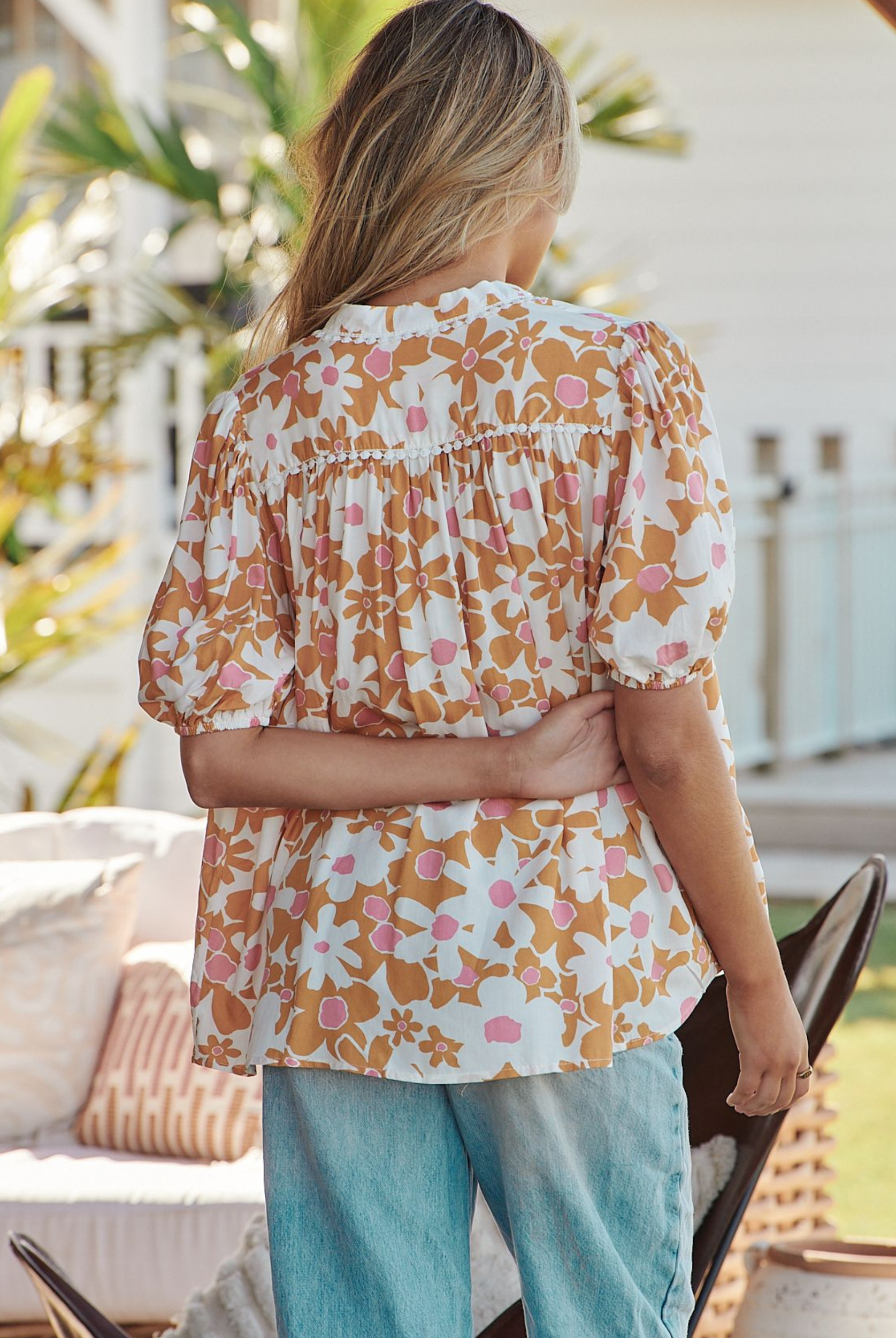 Model wearing the Tansy Print Shirt from JAASE