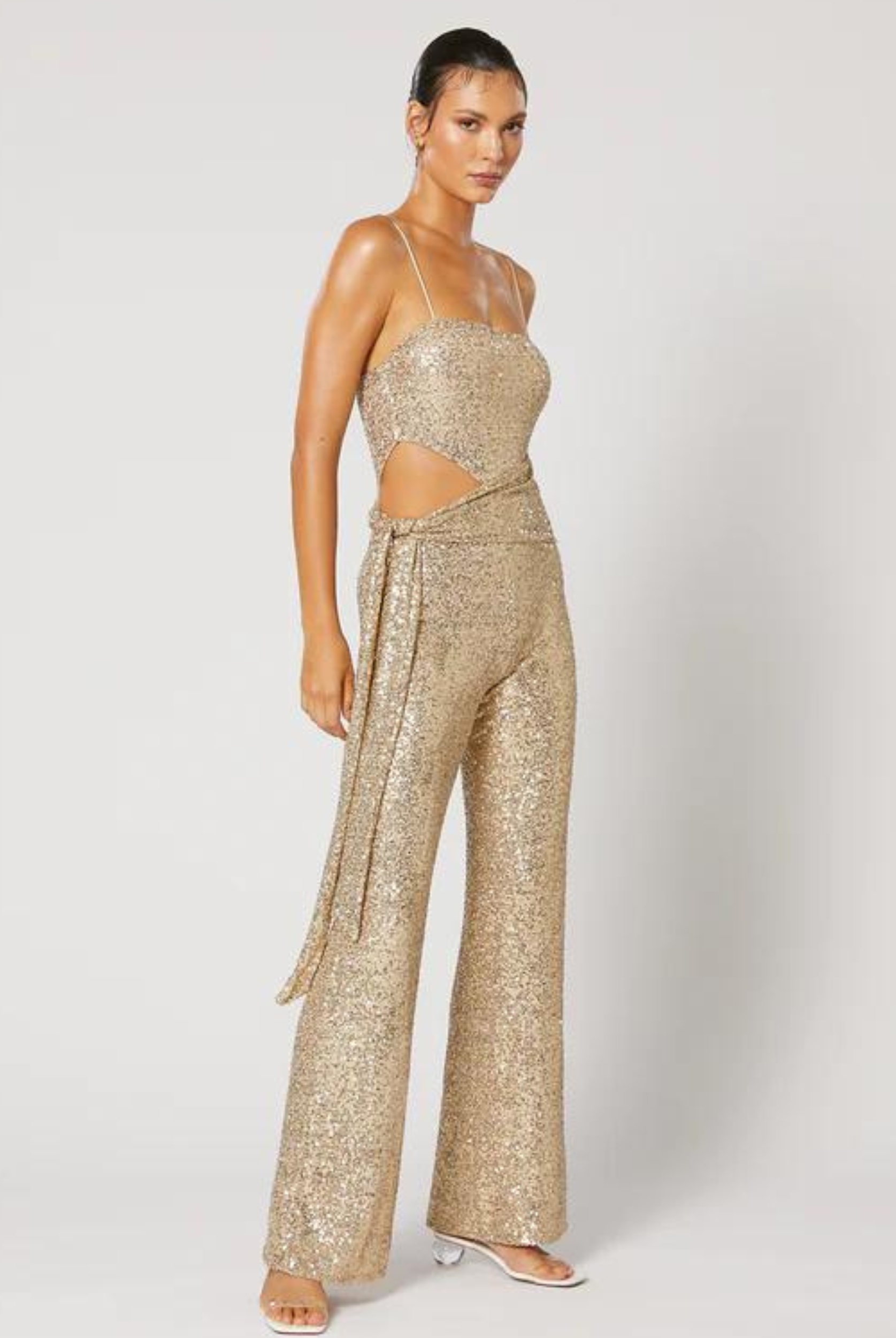 Strappy Sequin Gold Jumpsuit with cut out and sash tie perfect for your next event