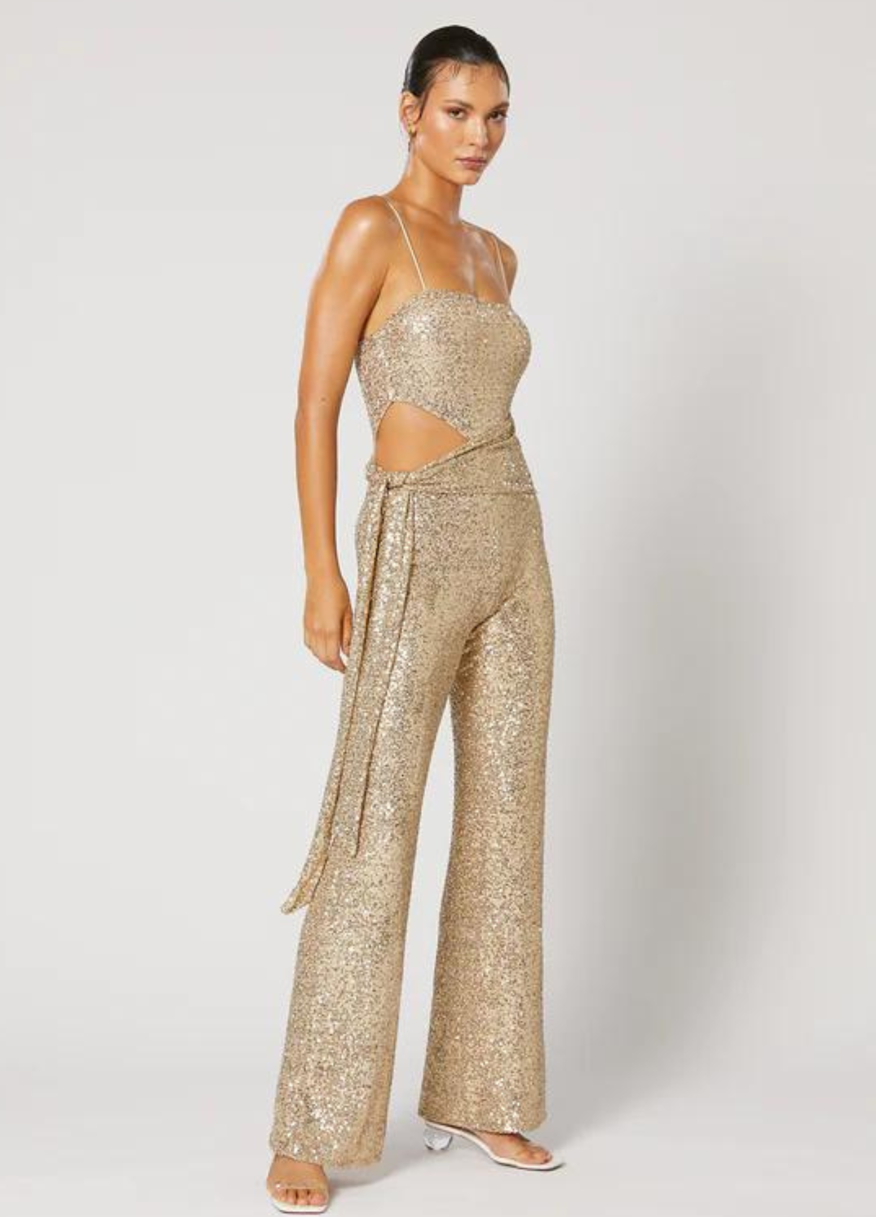 Strappy Sequin Gold Jumpsuit with cut out and sash tie perfect for your next event