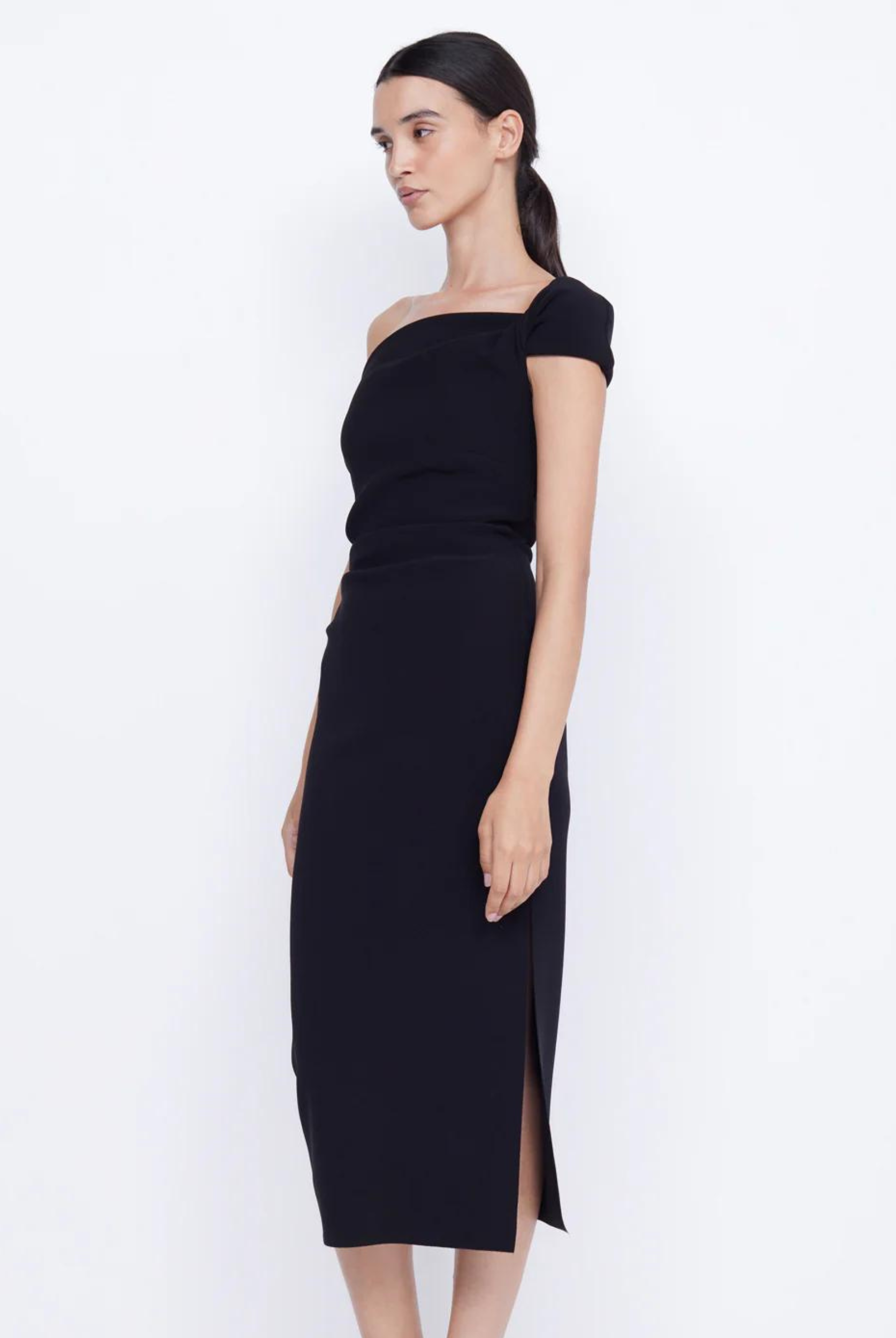 Black bonded crepe midi dress with twisted front and side tuck detailing