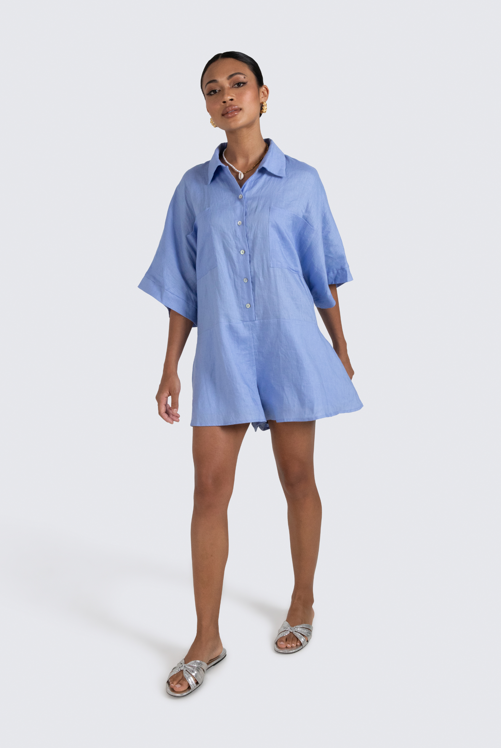 Pixie Linen Playsuit with shell buttons