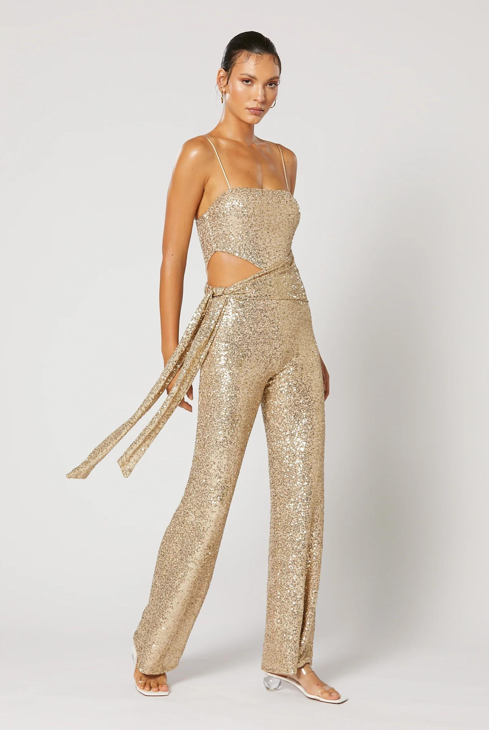 Strappy Sequin Gold Jumpsuit with cut out and sash tie perfect for your next event