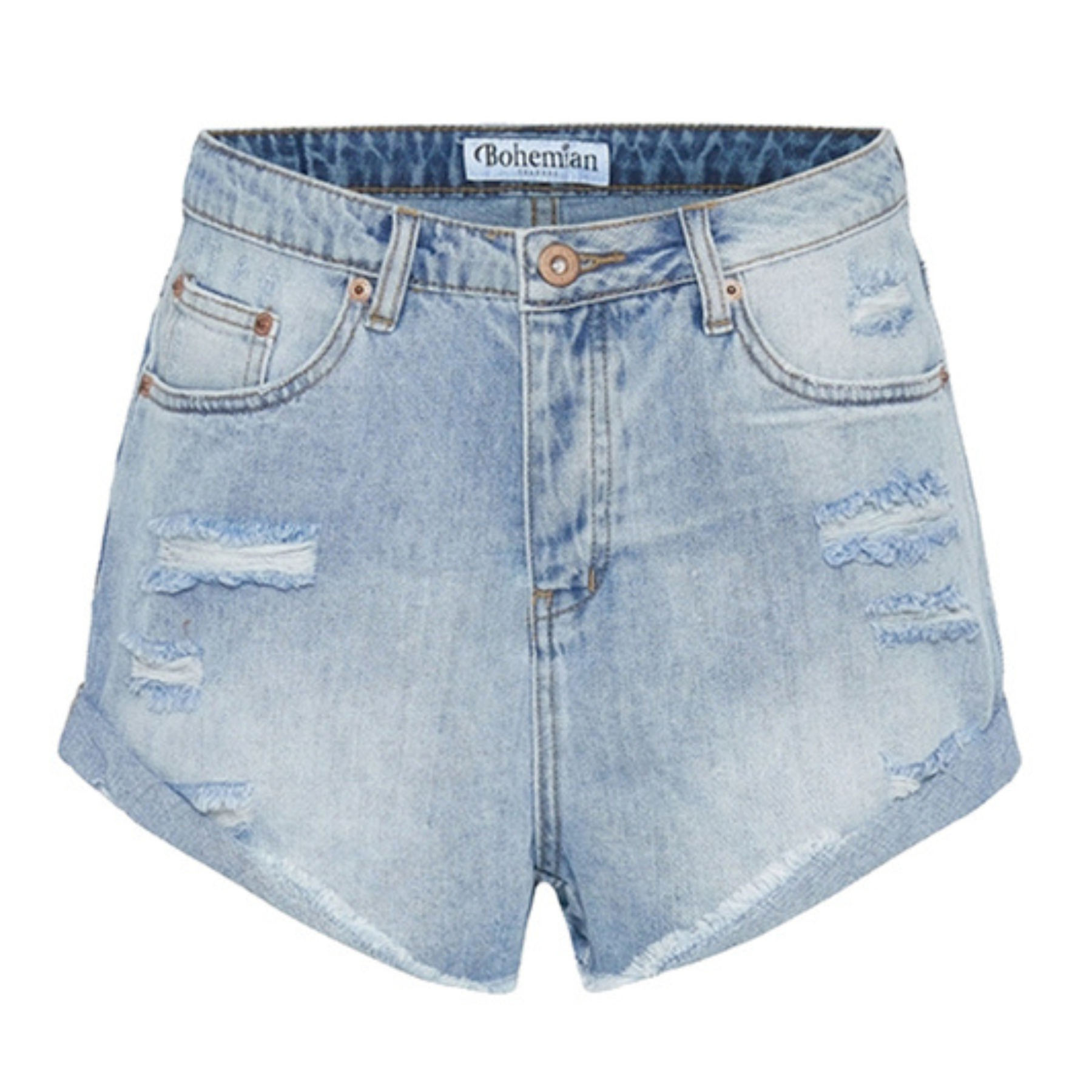 Distressed mid wash short with button closure