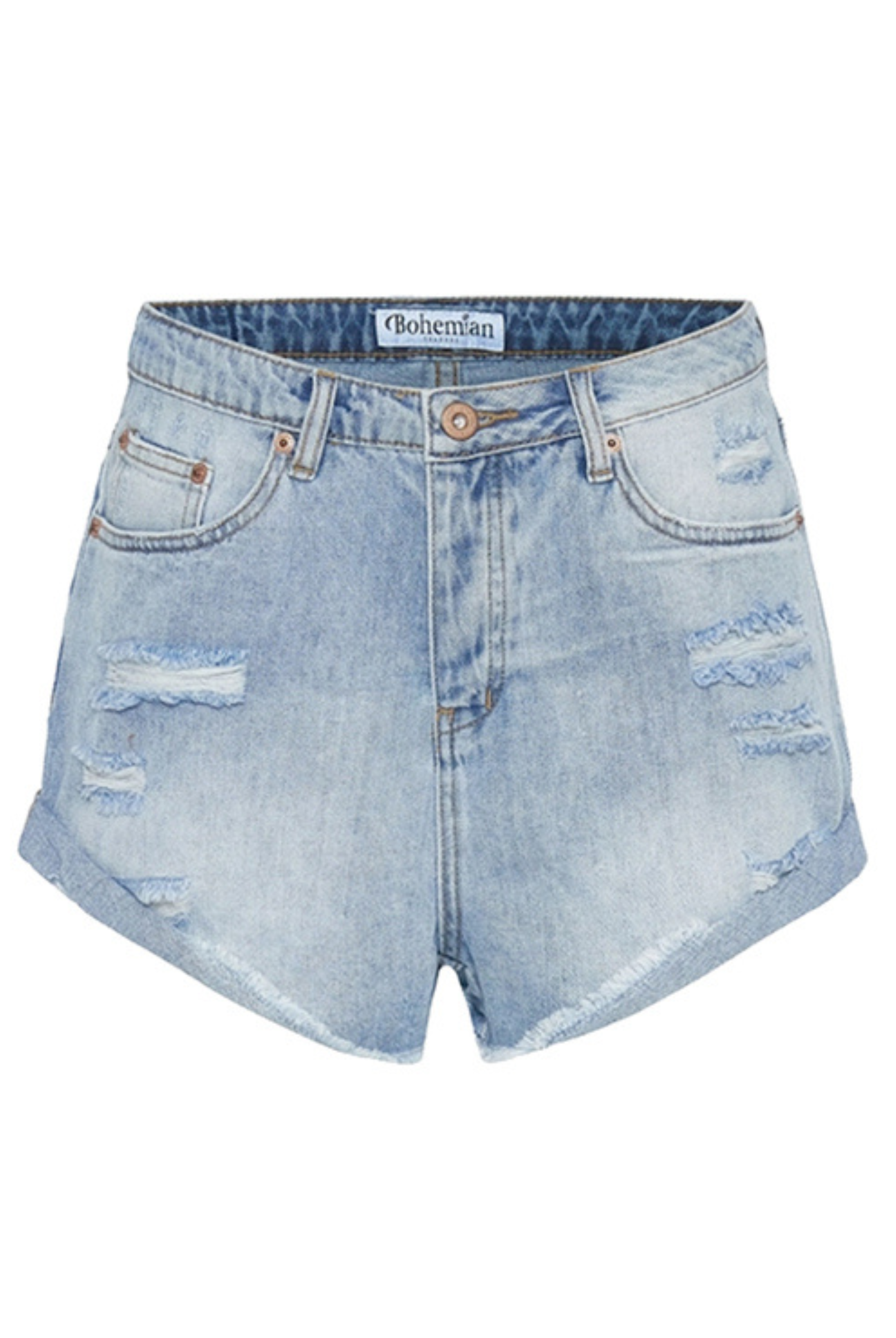 Distressed mid wash short with button closure