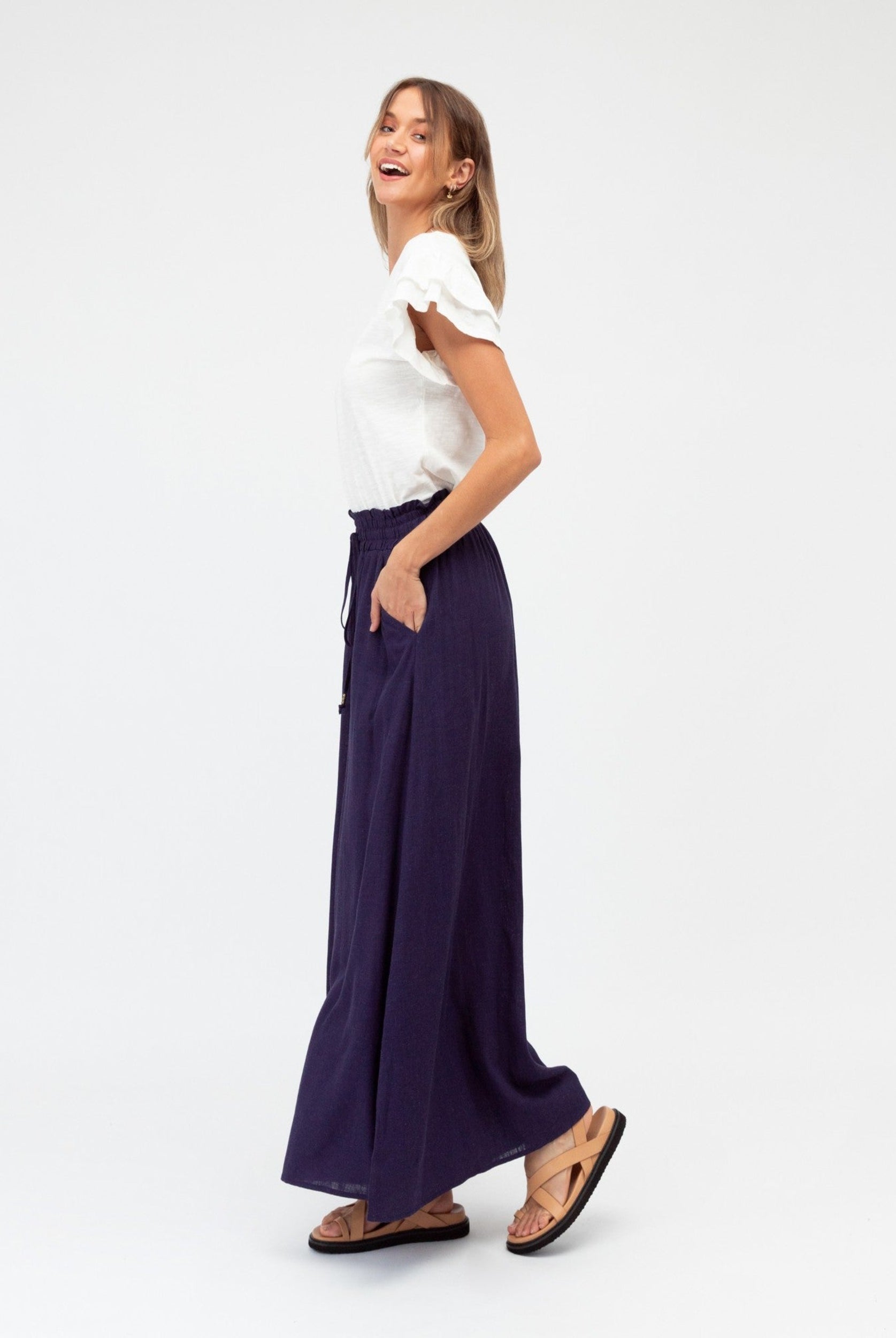 Navy Blue wide leg pant with elasticated waistband