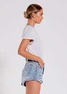 Distressed mid wash short with button closure