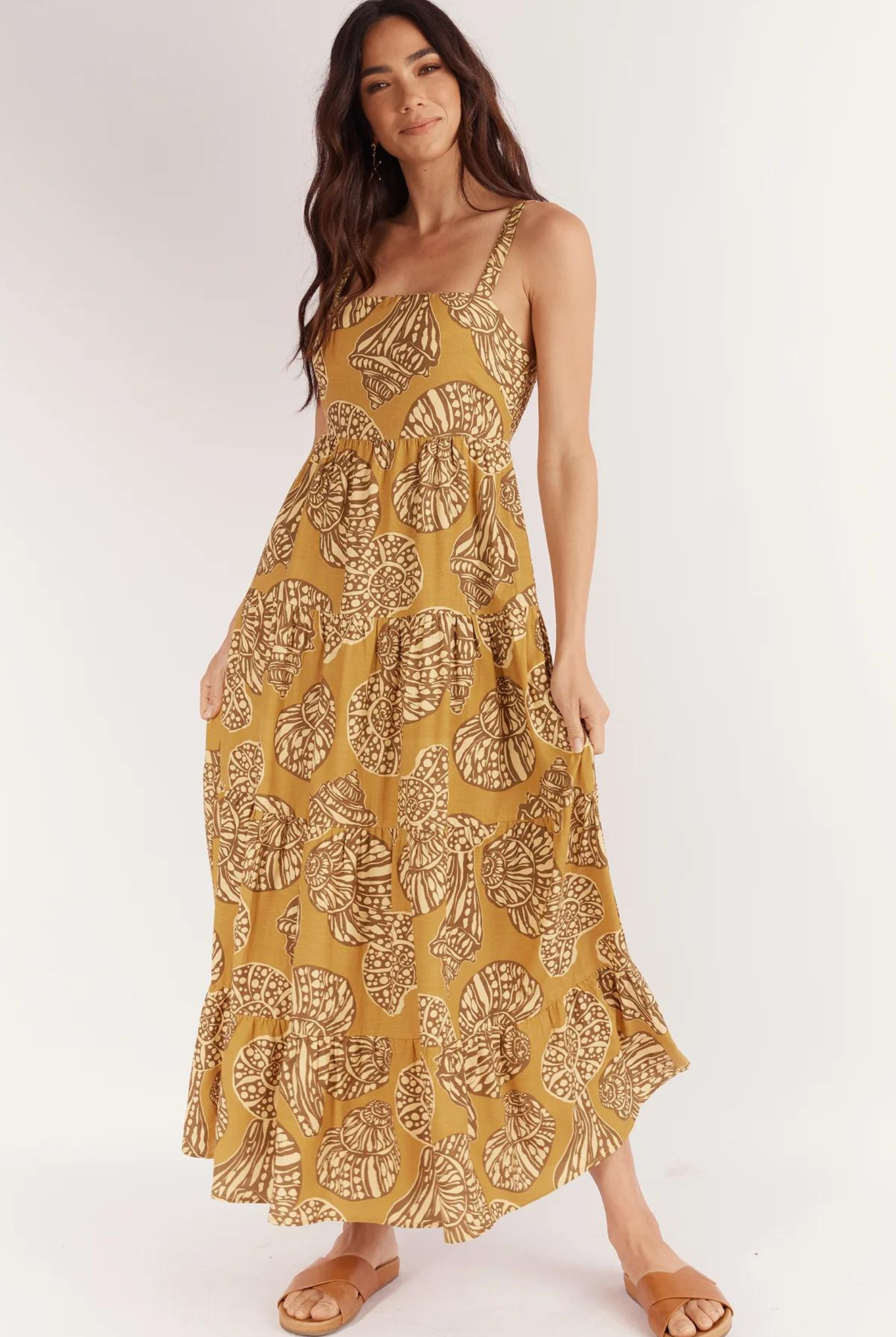 Seashell print strappy midi dress with cutout at back