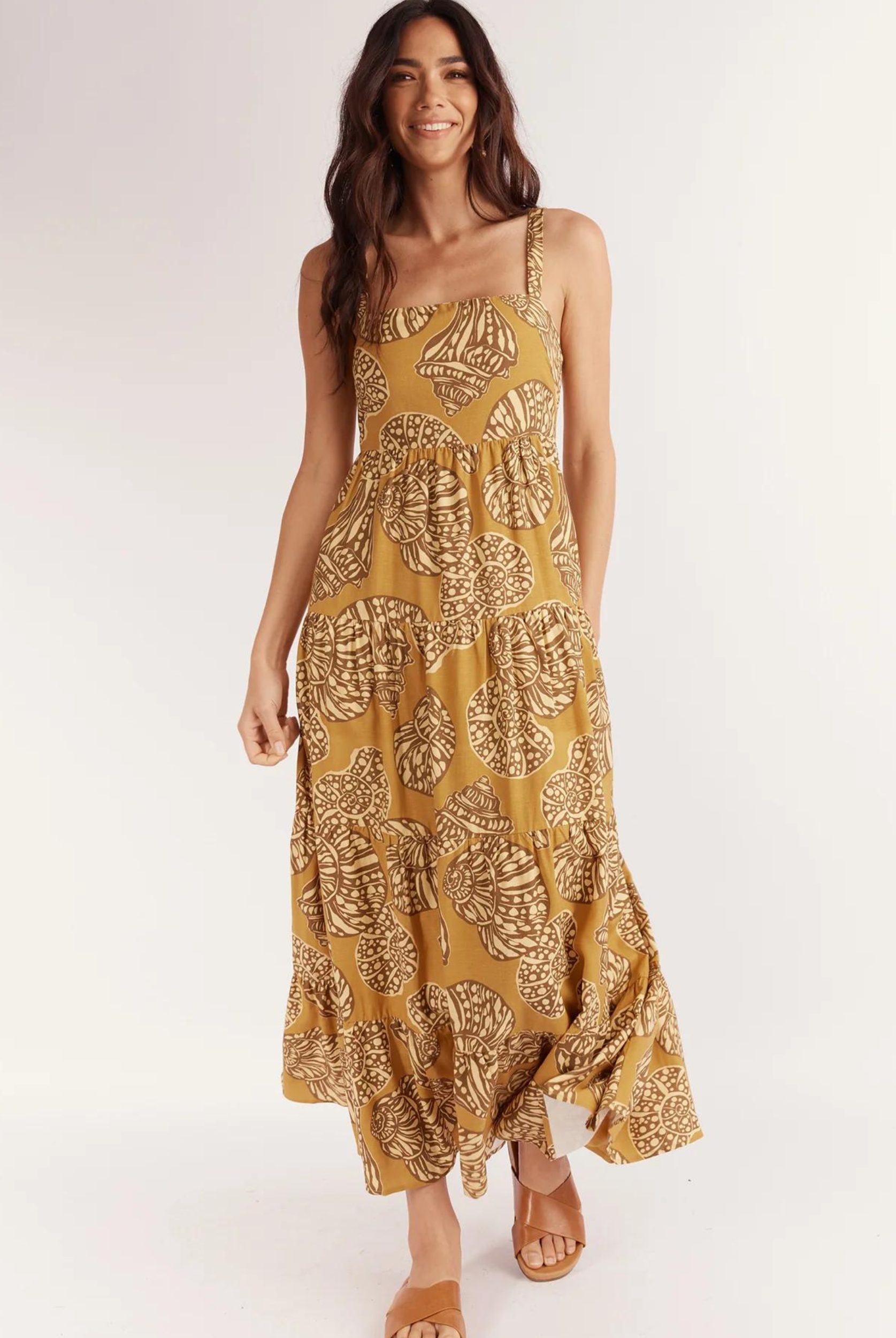 Seashell print strappy midi dress with cutout at back