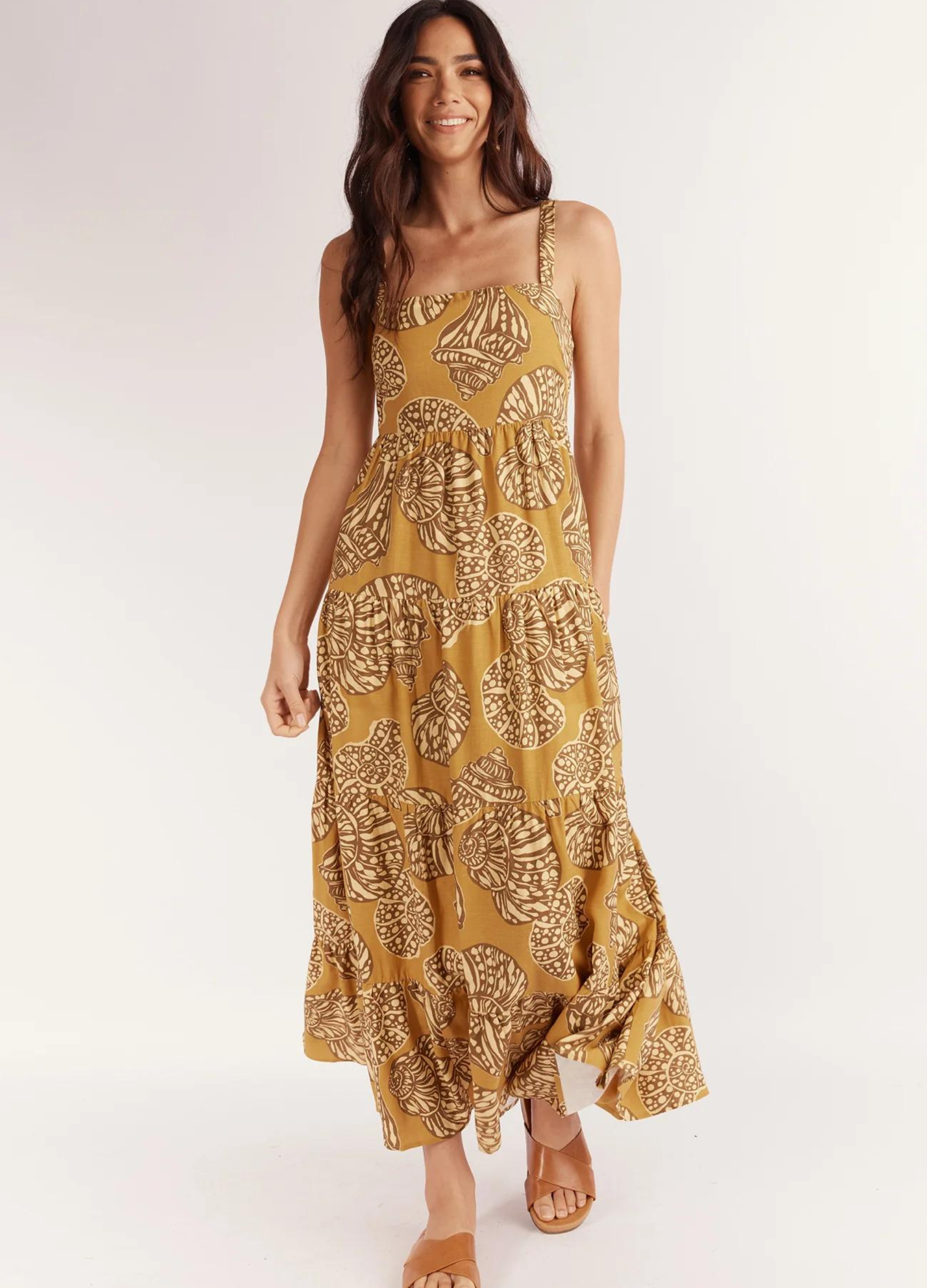 Seashell print strappy midi dress with cutout at back