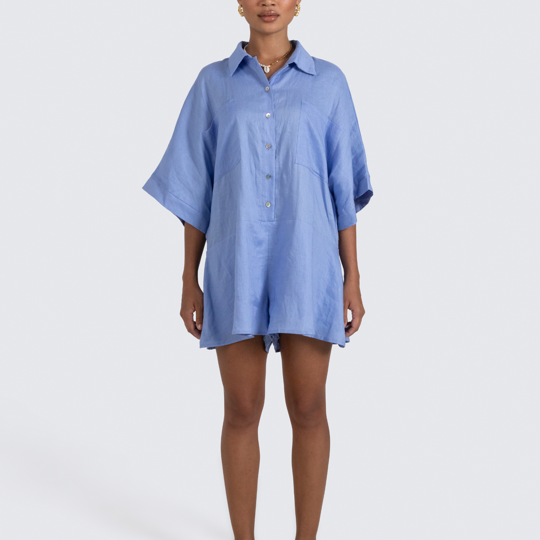 Pixie Linen Playsuit with shell buttons