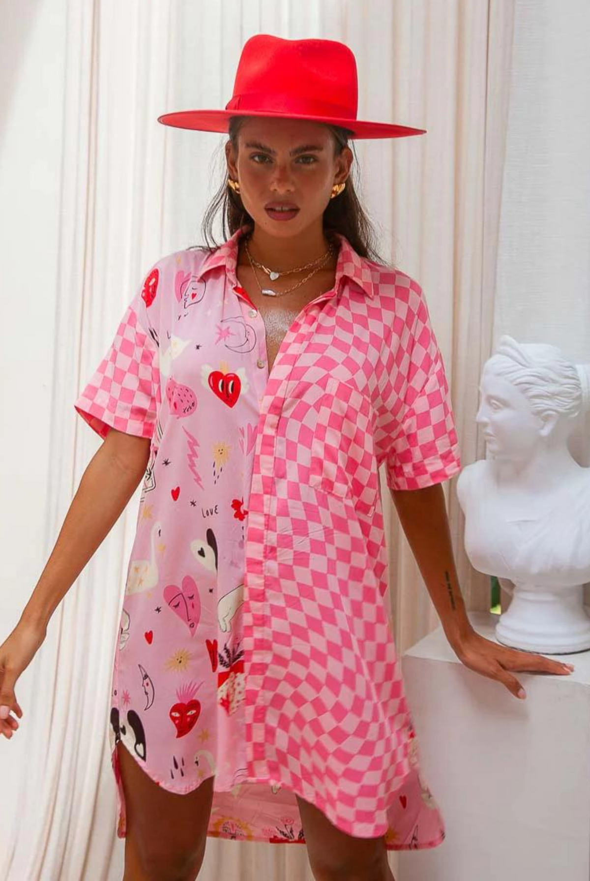 Palm Collective Spliced Shirt Dress in pink print