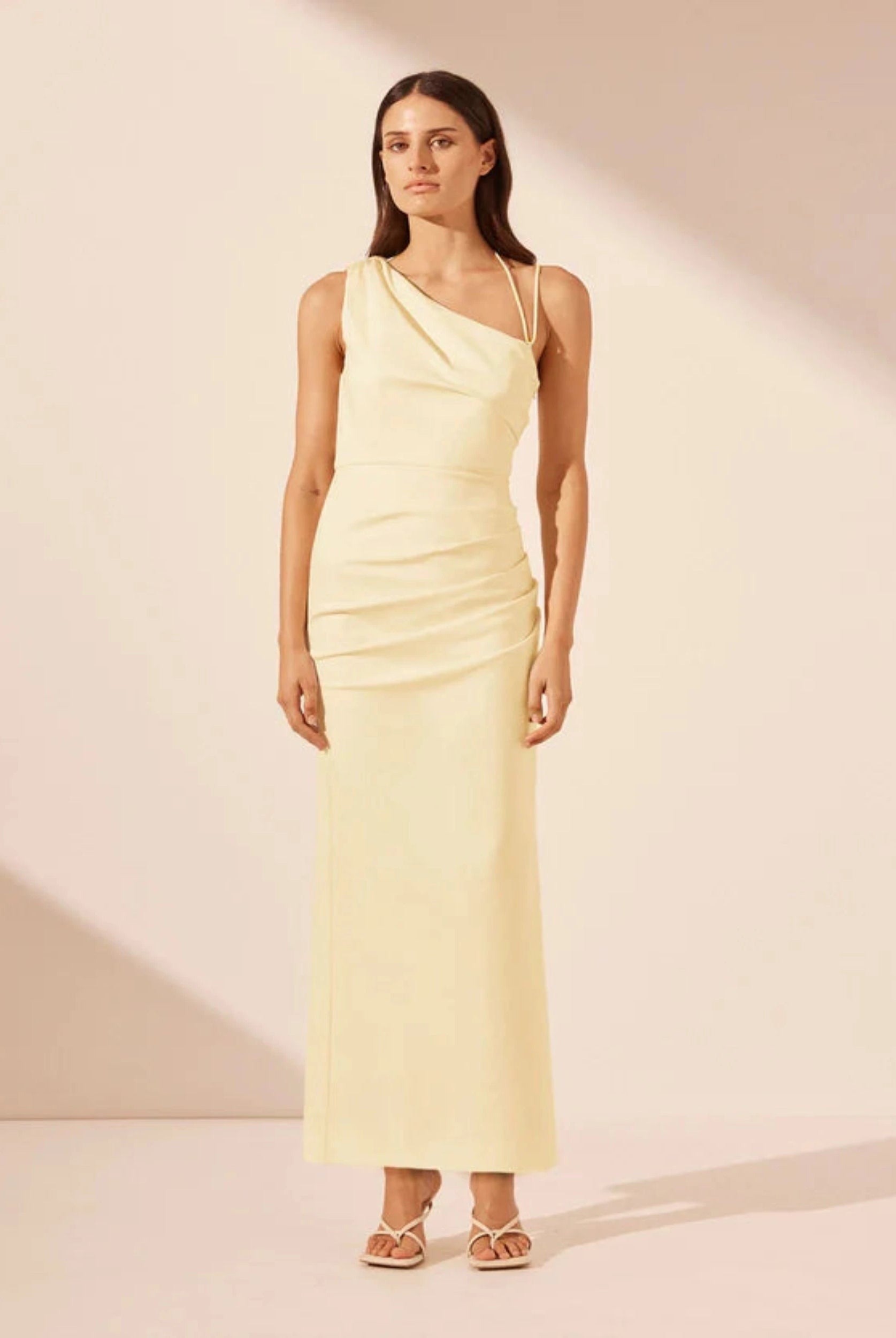 Gathered Dress in vanilla with one shoulder detail