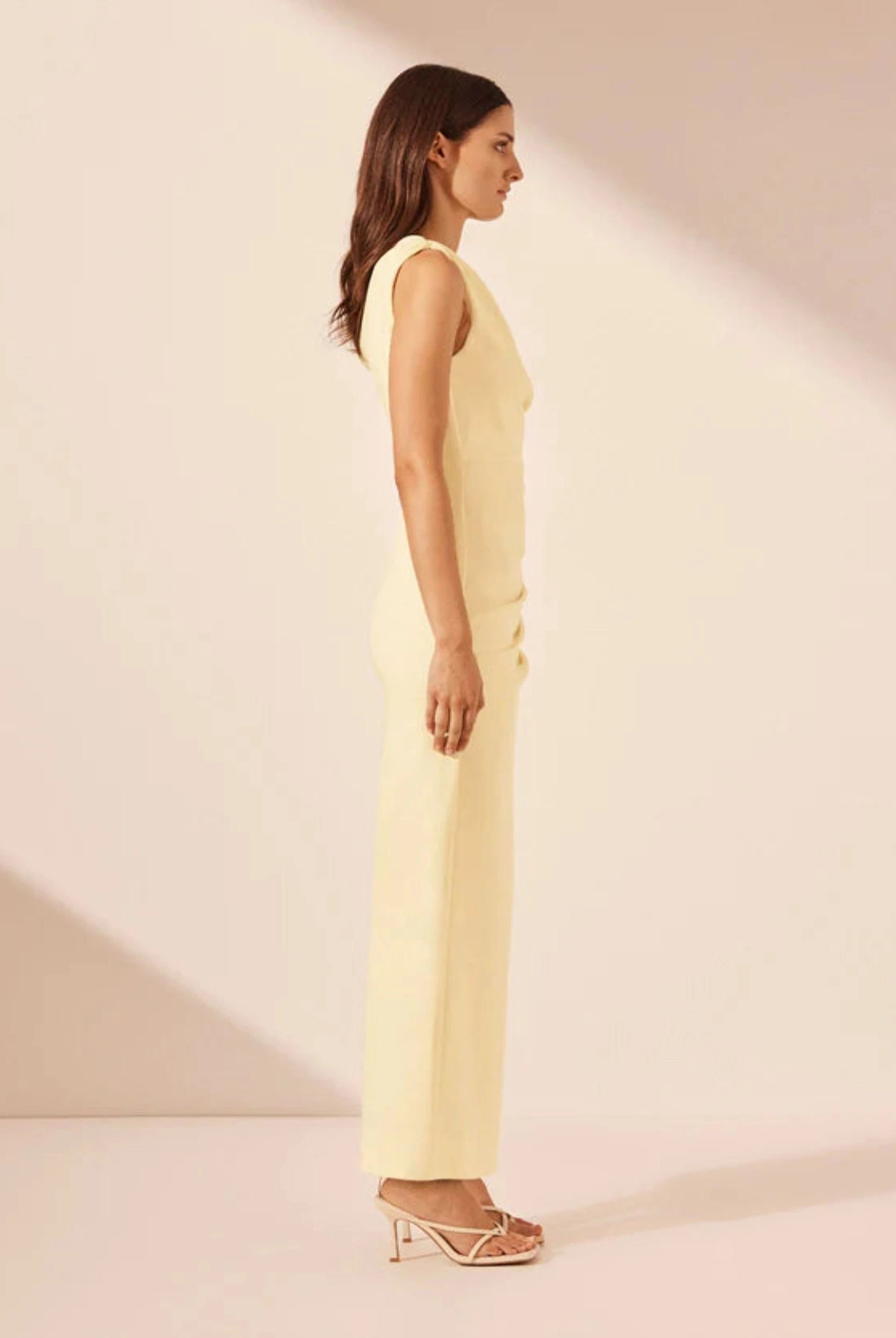 Gathered Dress in vanilla with one shoulder detail