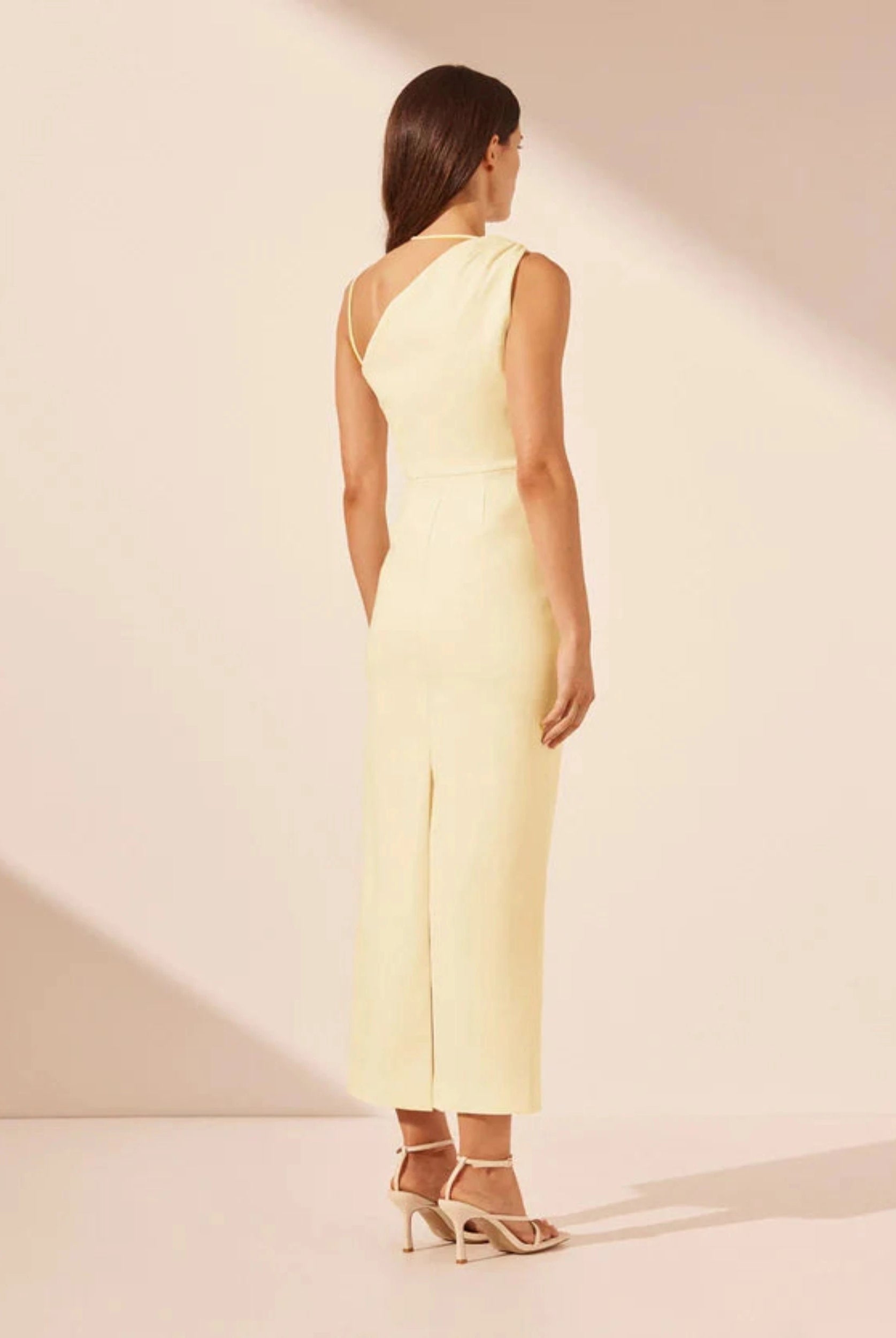 Gathered Dress in vanilla with one shoulder detail