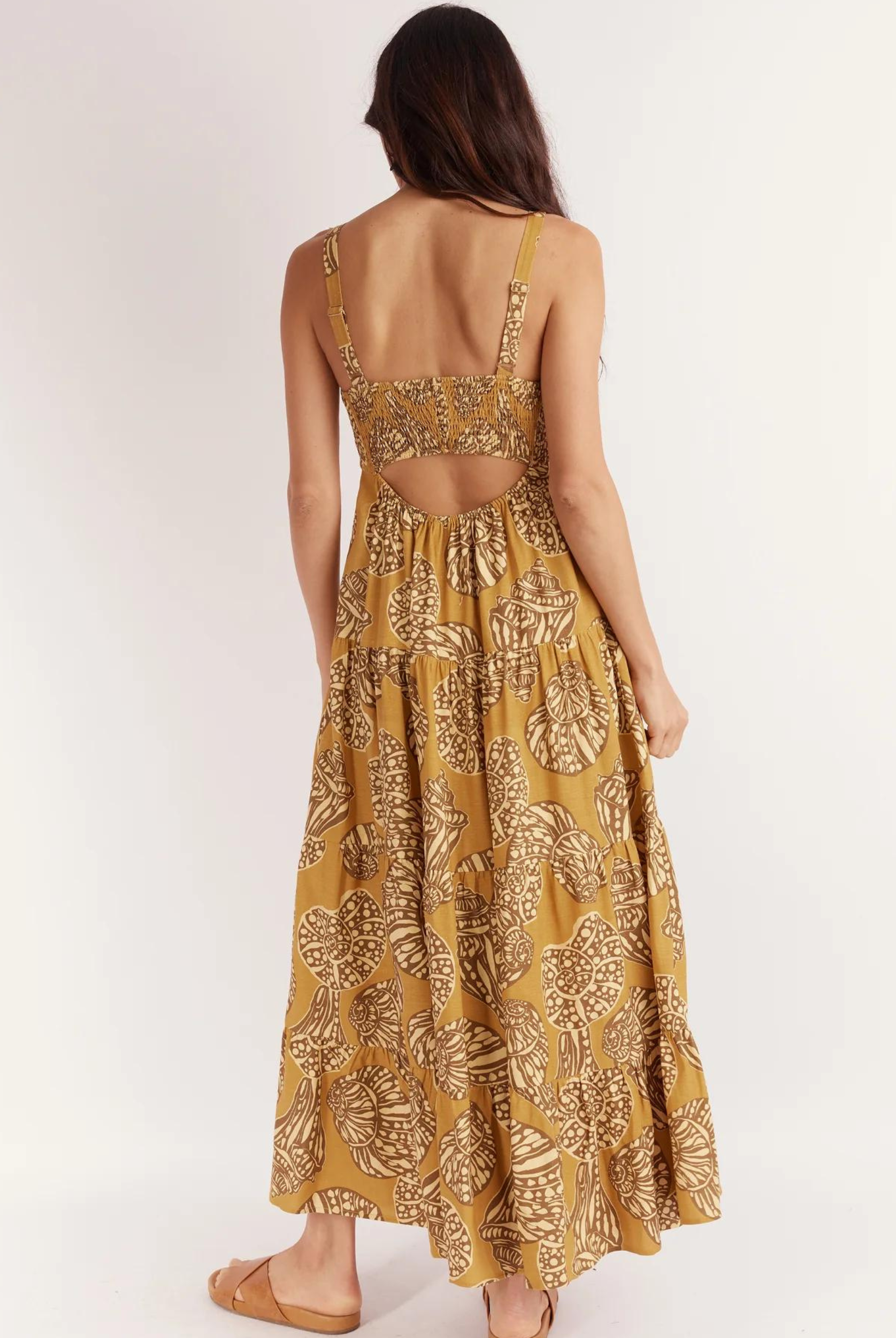 Seashell print strappy midi dress with cutout at back