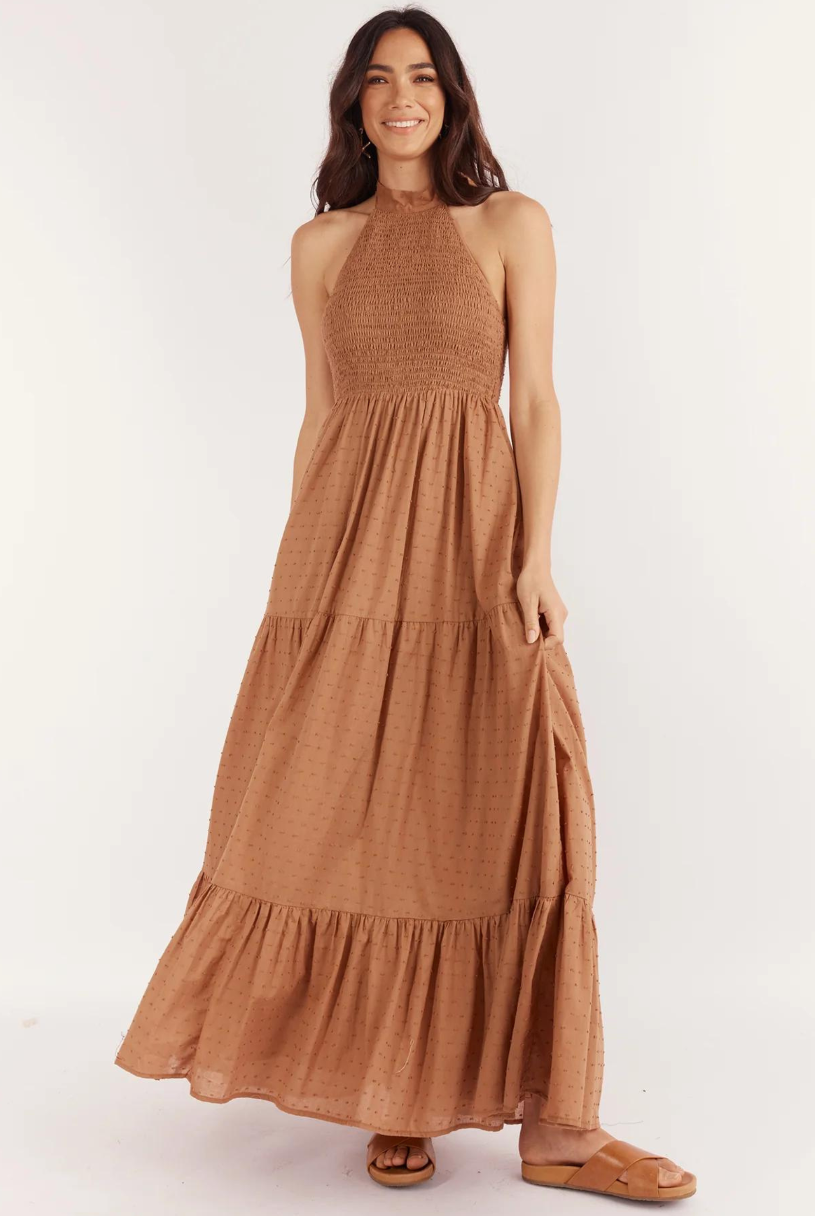Halterneck maxi dress in brown spot print fabric with a back neck tie