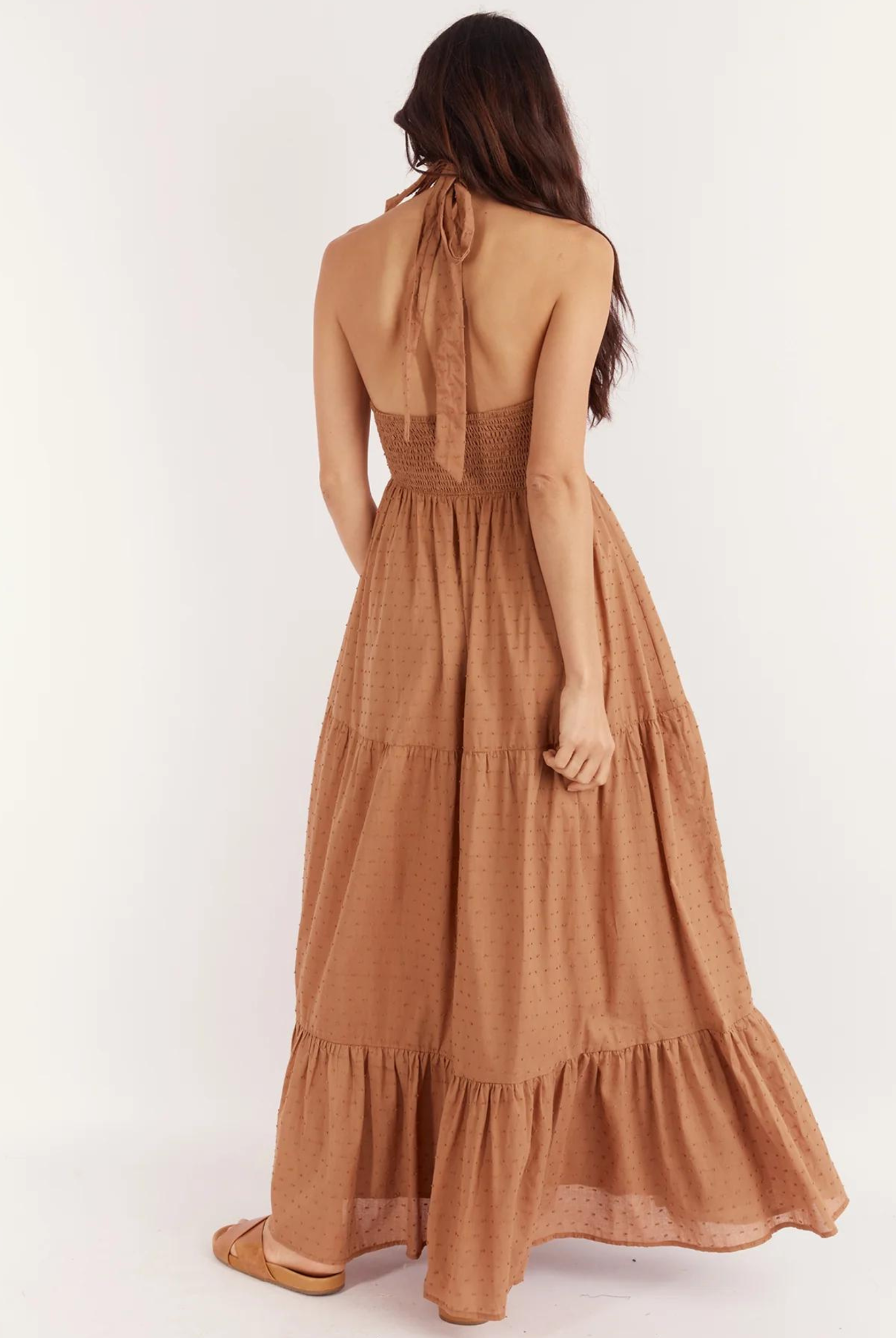 Halterneck maxi dress in brown spot print fabric with a back neck tie