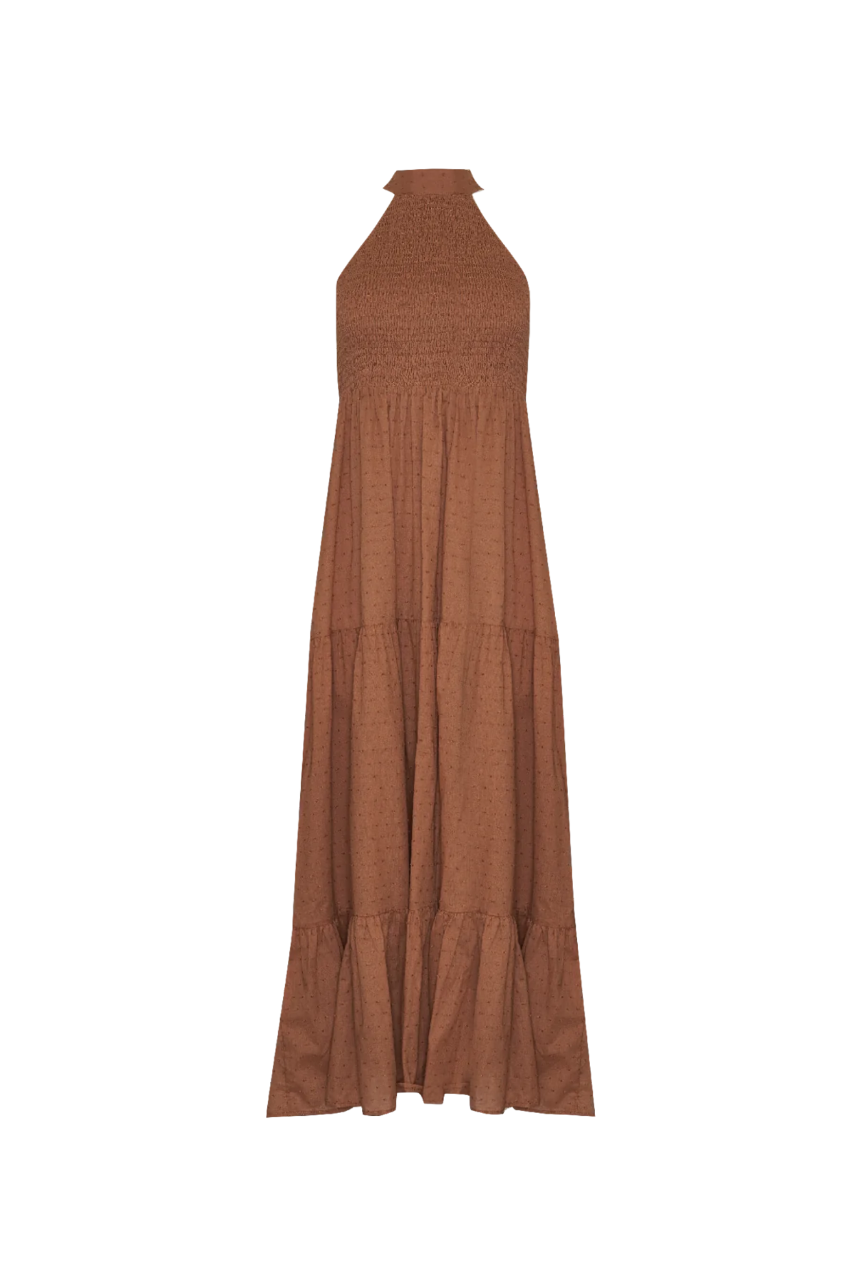 Halterneck maxi dress in brown spot print fabric with a back neck tie