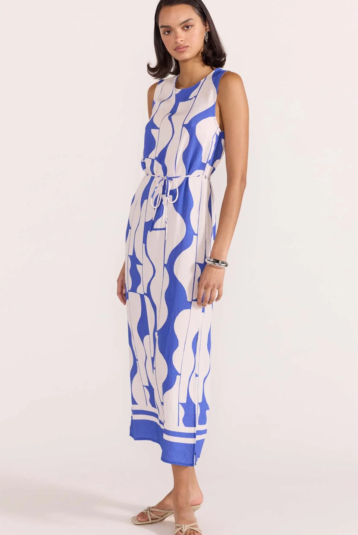 Santi Sheath Dress in Blue and White Abstract PrintSanti Sheath Dress in Blue and White Abstract