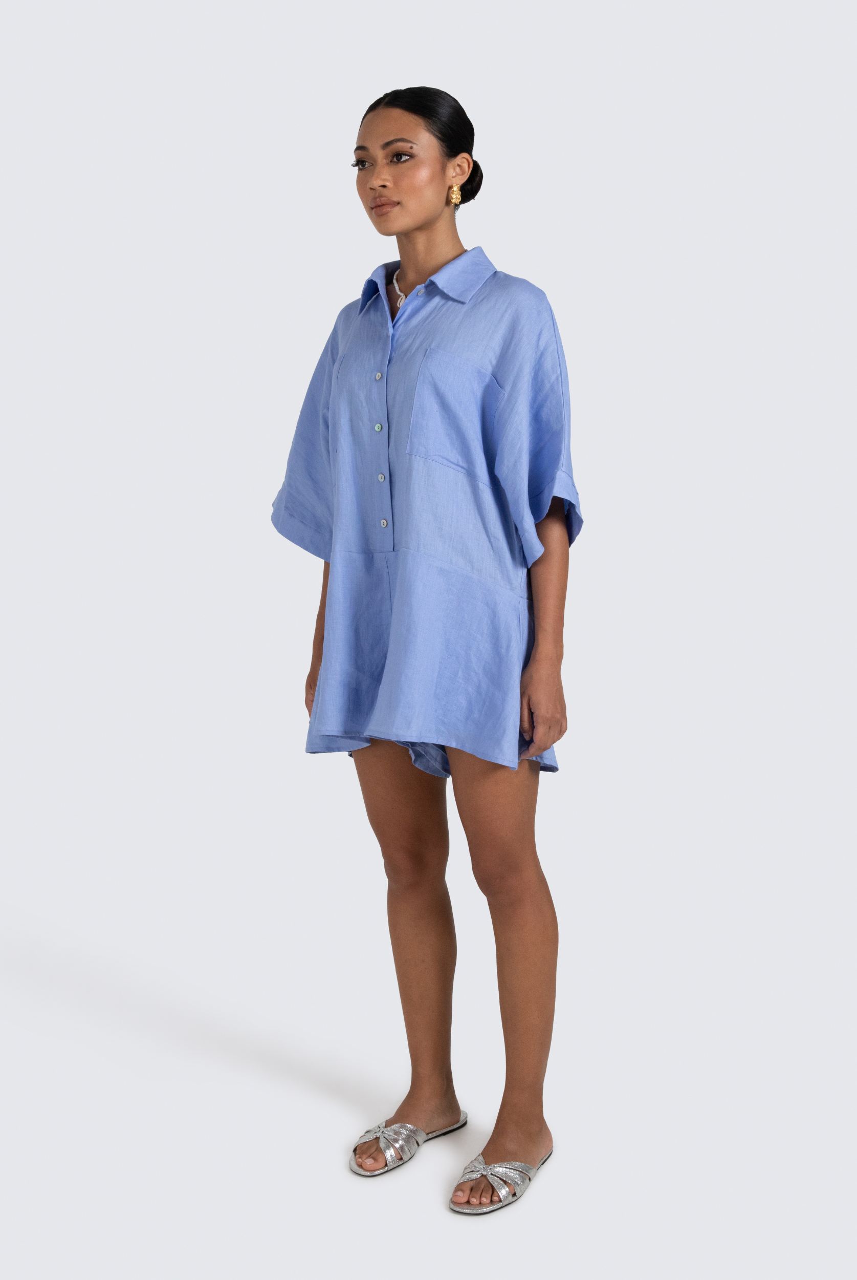 Pixie Linen Playsuit with shell buttons