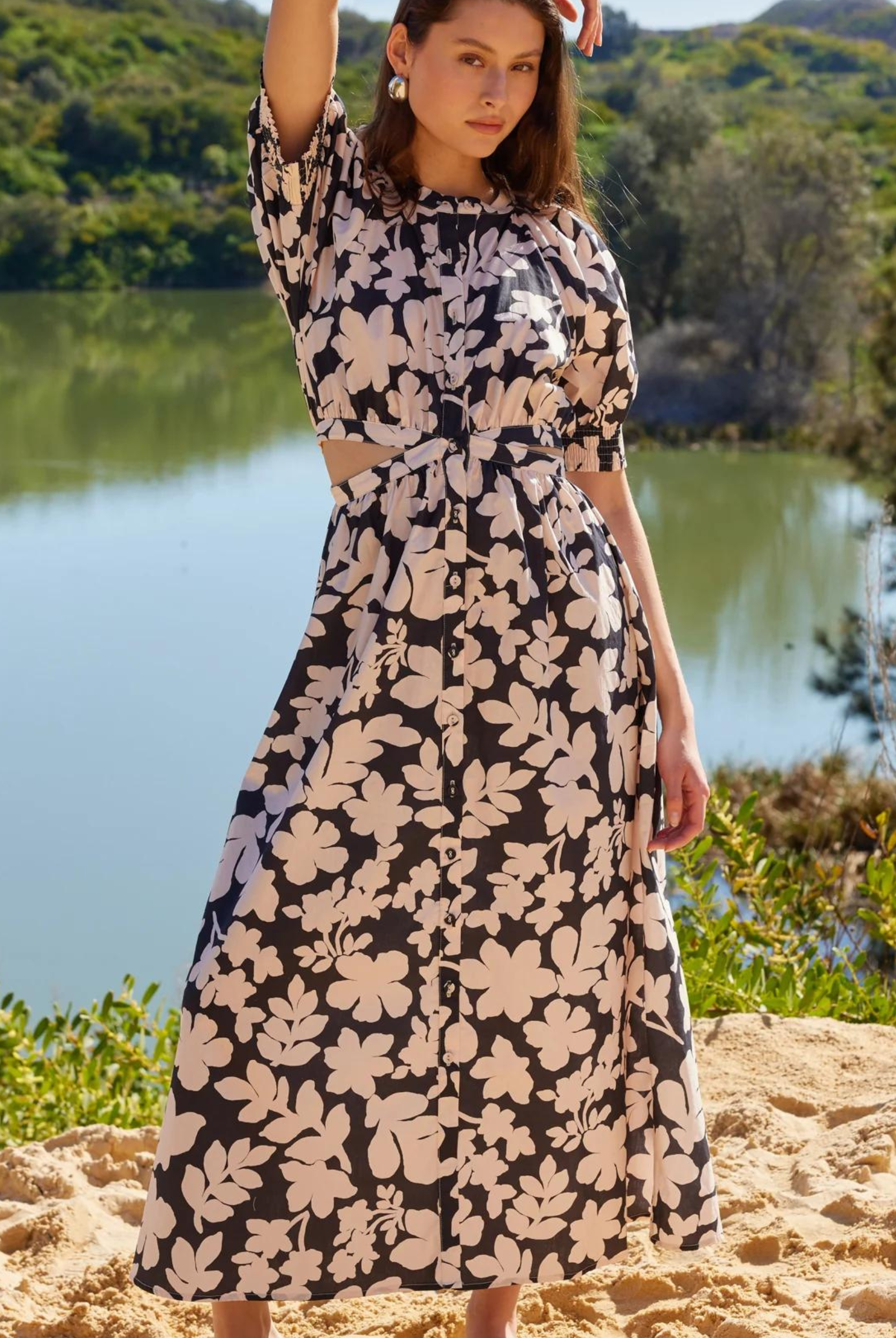 Selita Cut Out Midi Dress from Staple the Label black and white floral print with cut outs