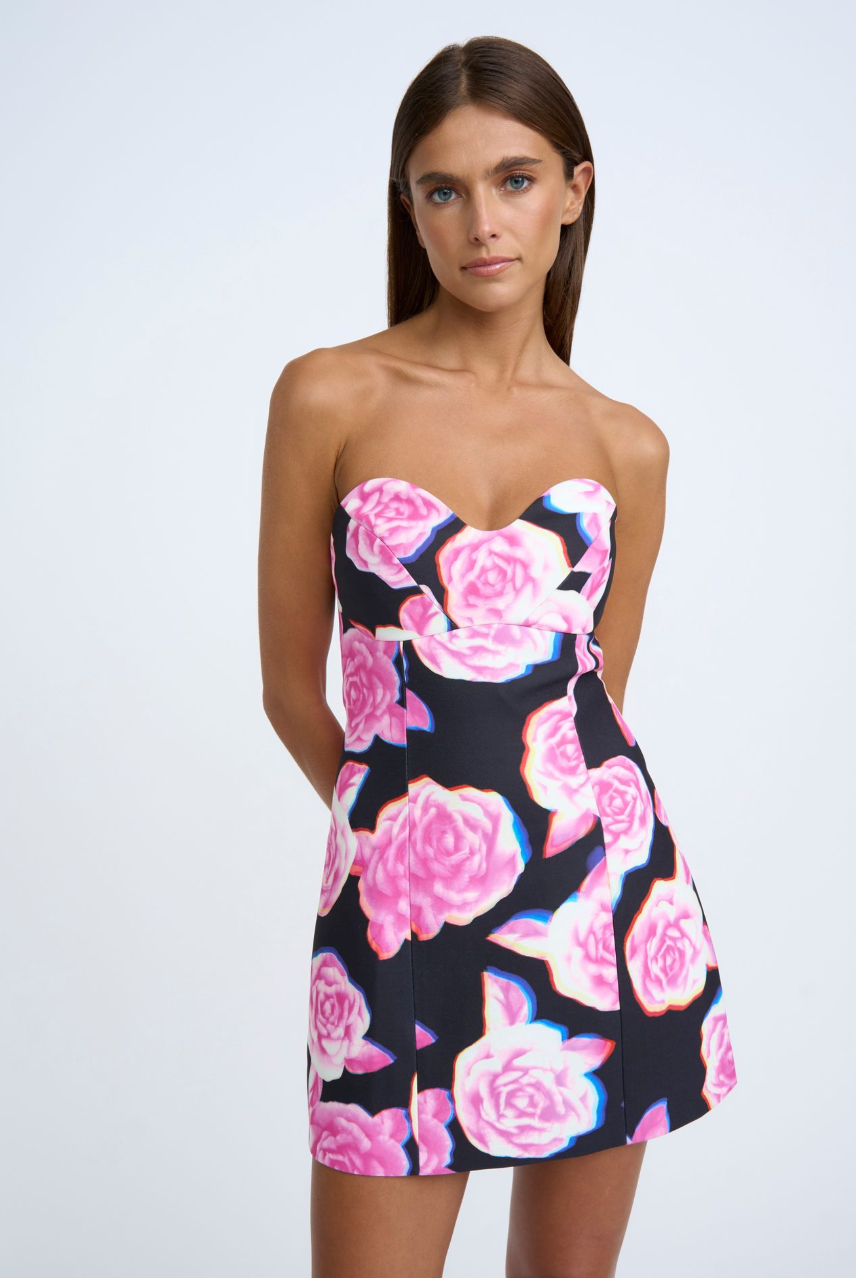 Model wearing the strapless By Johnny Rosalie Mini Dress