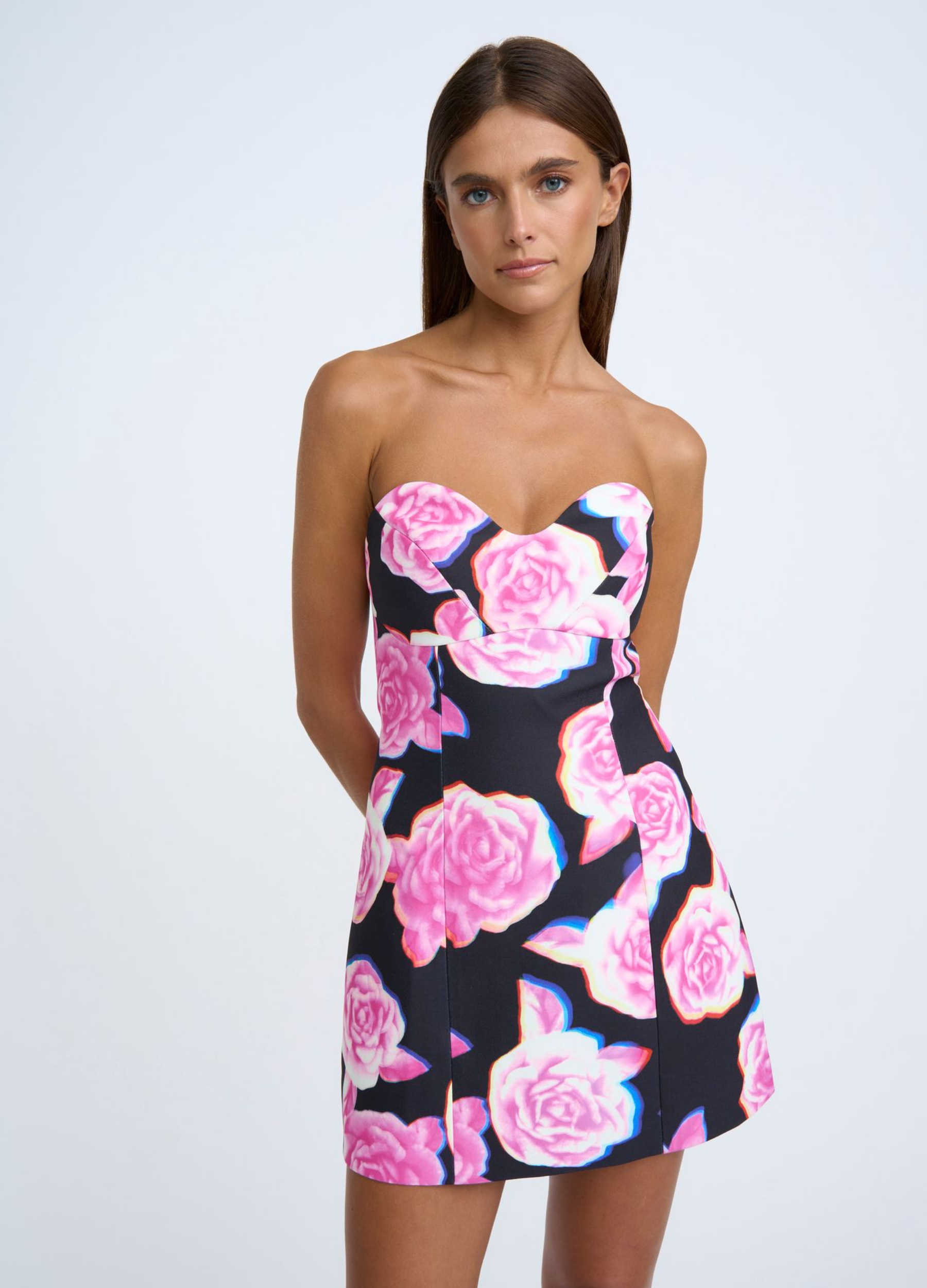 Model wearing the strapless By Johnny Rosalie Mini Dress