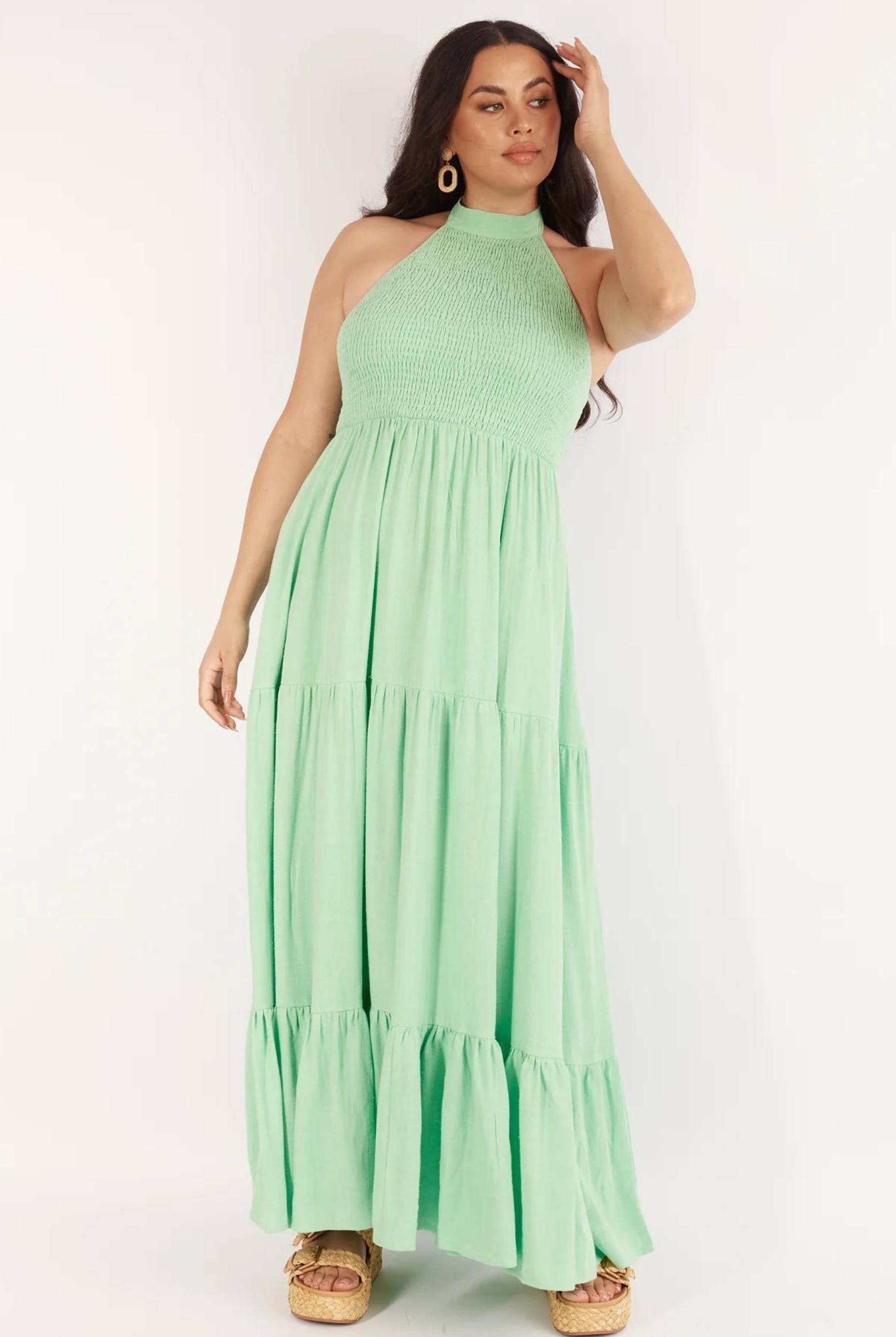 Halterneck linen blend maxi dress with tiering from girl and the sun