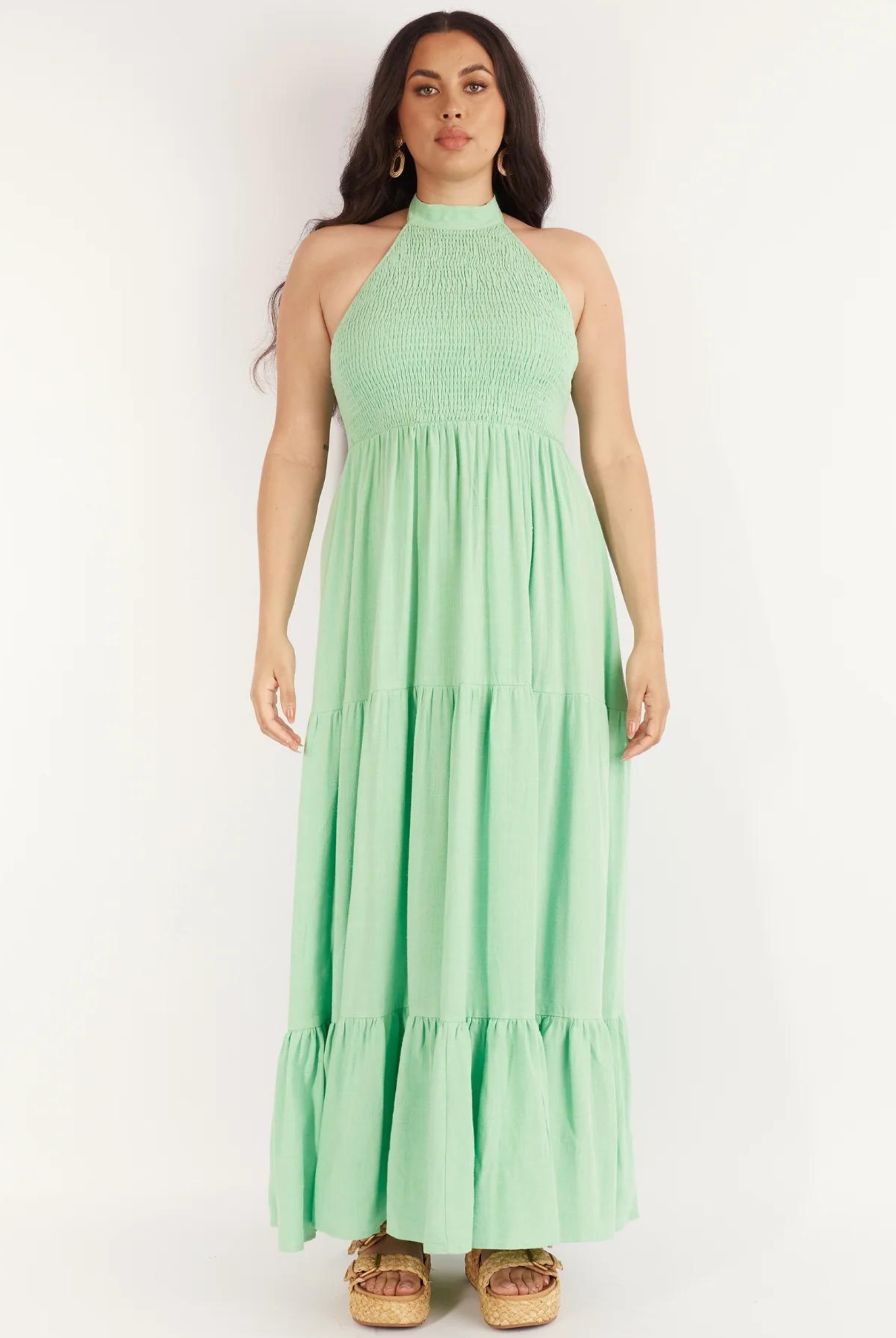 Halterneck linen blend maxi dress with tiering from girl and the sun