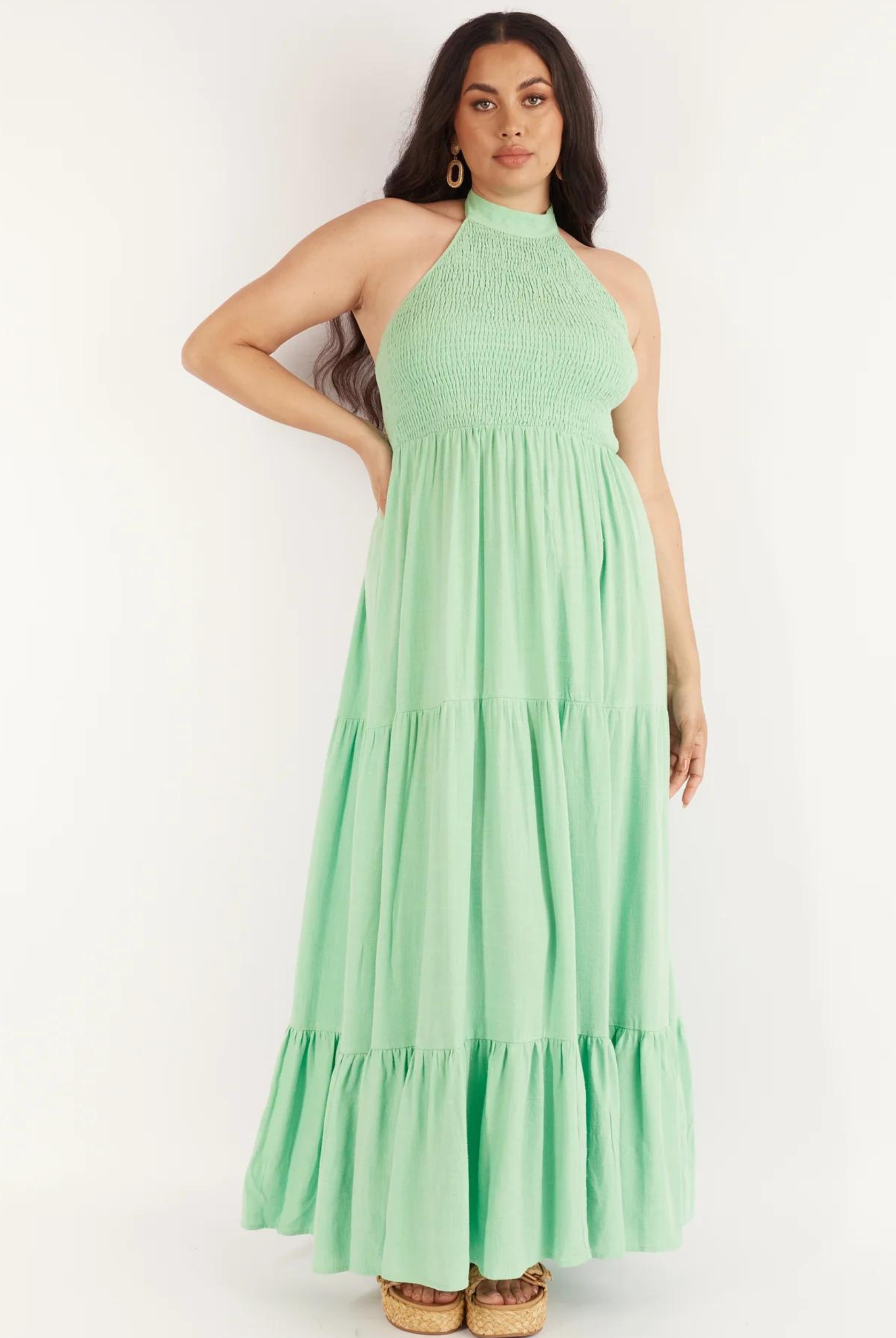 Halterneck linen blend maxi dress with tiering from girl and the sun