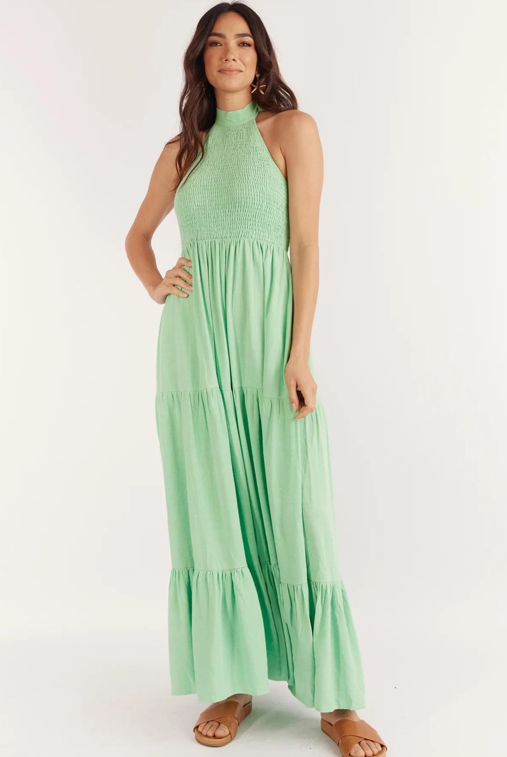 Halterneck linen blend maxi dress with tiering from girl and the sun