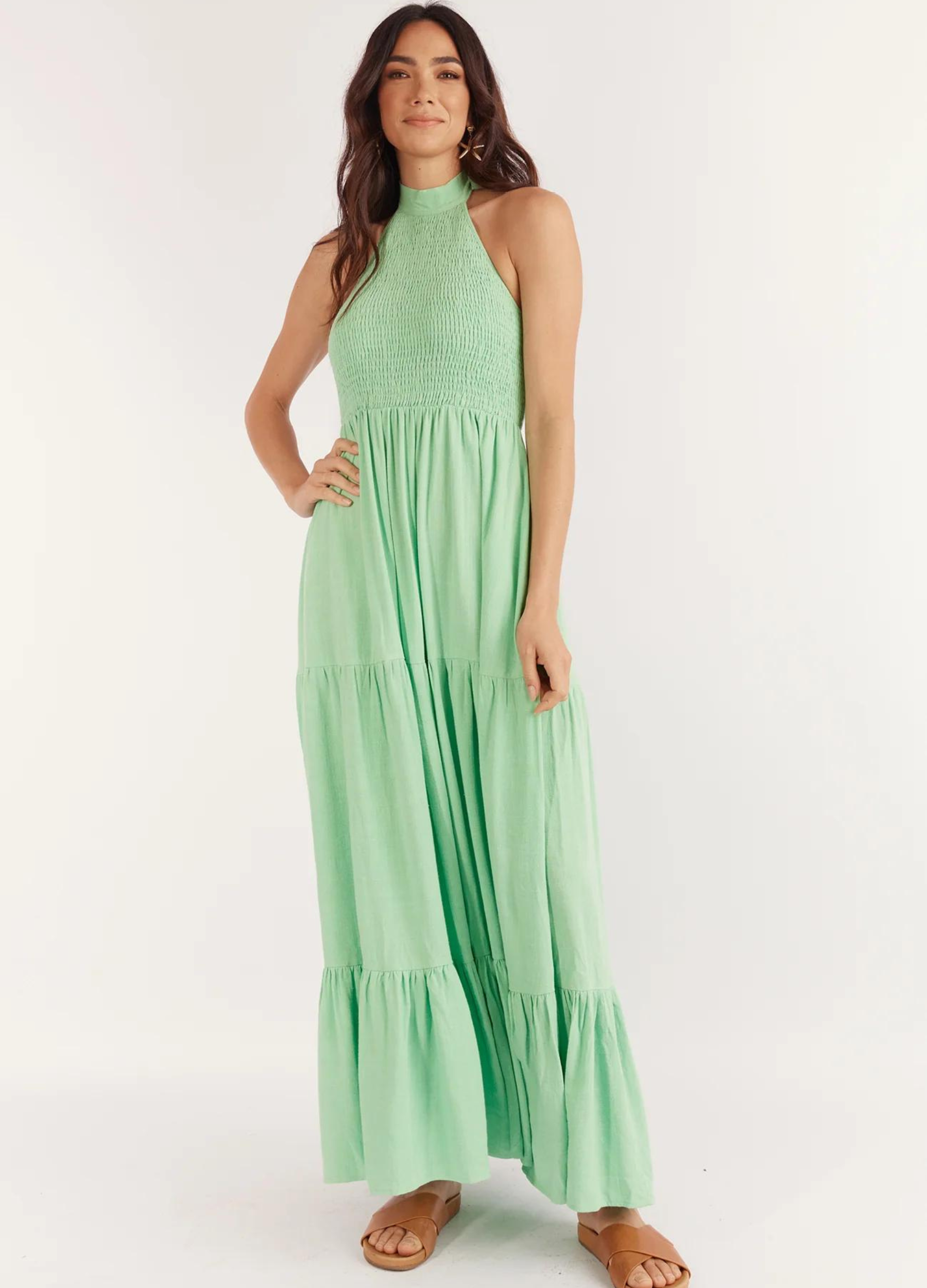 Halterneck linen blend maxi dress with tiering from girl and the sun