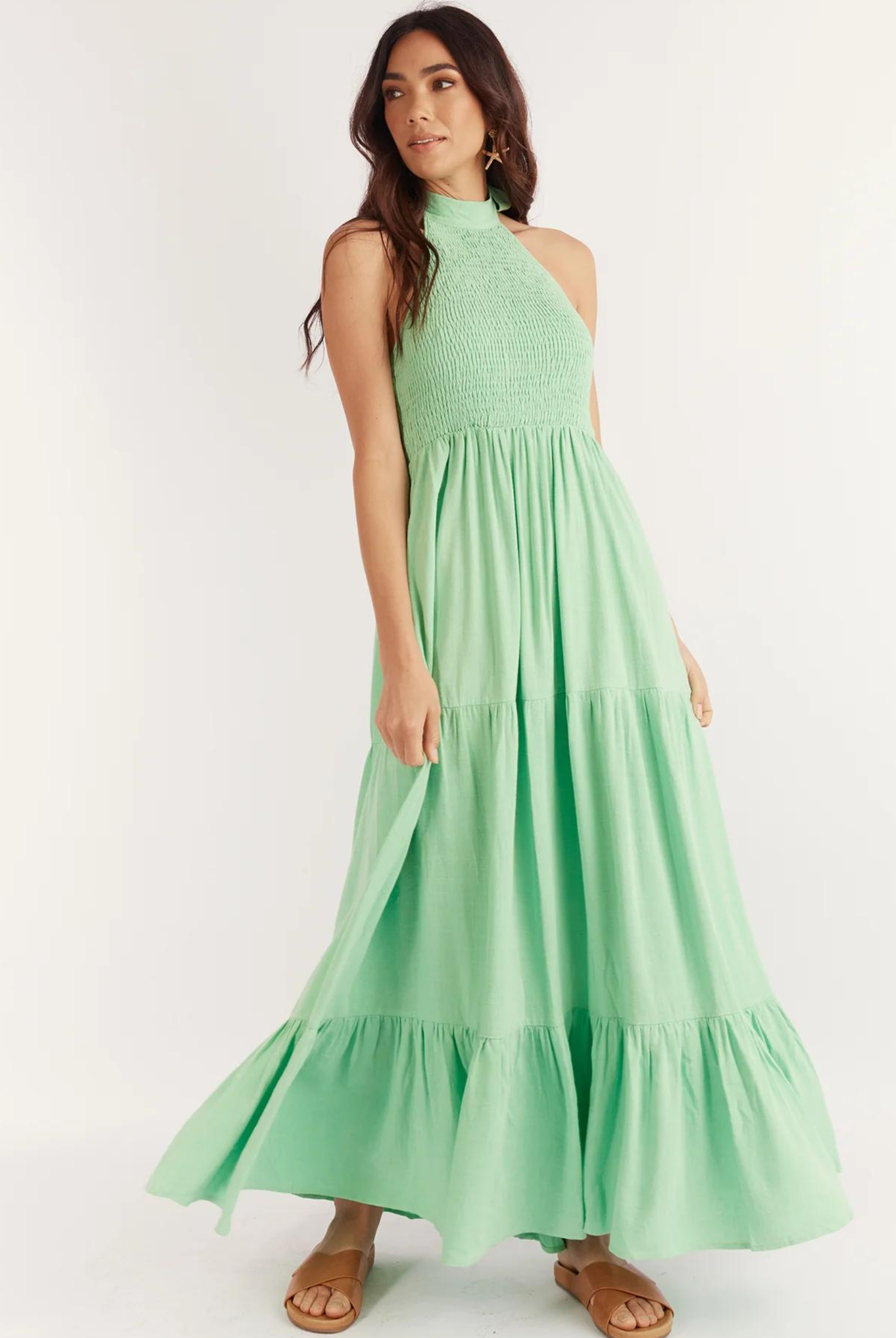 Halterneck linen blend maxi dress with tiering from girl and the sun